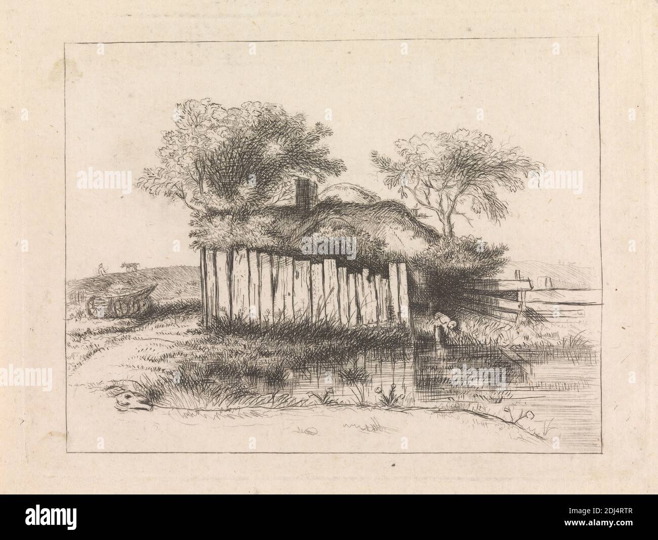 Cottage with a White Paling, on. Booth Grey (Circolo della signora Delany), 1740–1802, inglese, dopo Rembrandt van Rijn, 1606–1669, olandese, attribuito a James Chelsum, 1738–1801, inglese, c. 1780, acquaforte Foto Stock