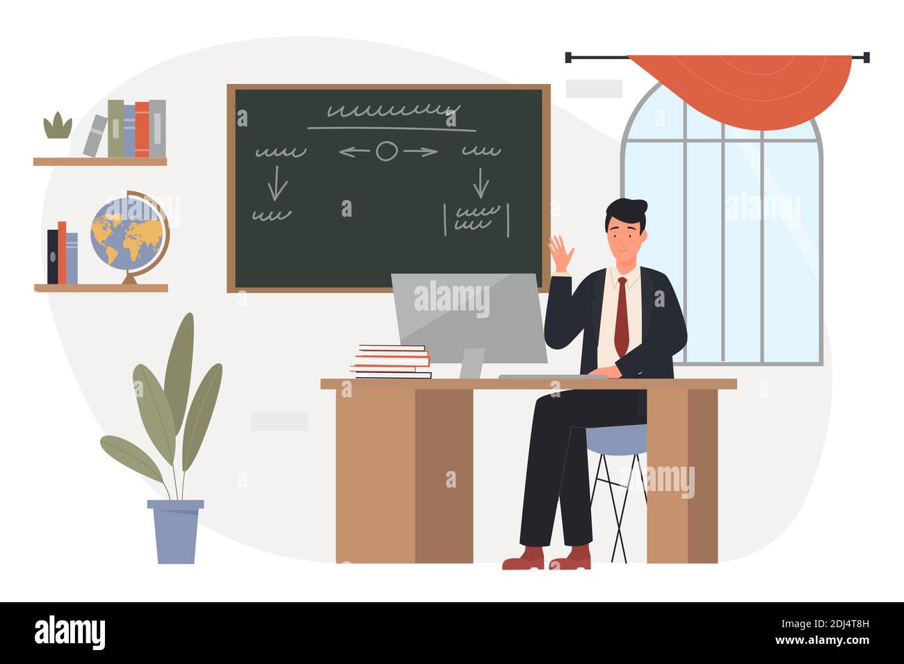 Insegnante che lavora in una classe blackboard illustrazione vettoriale. Cartoon scuola maschile o docente universitario personaggio seduto al tavolo con laptop e ondulato in classe lavagna interna isolato su bianco Illustrazione Vettoriale