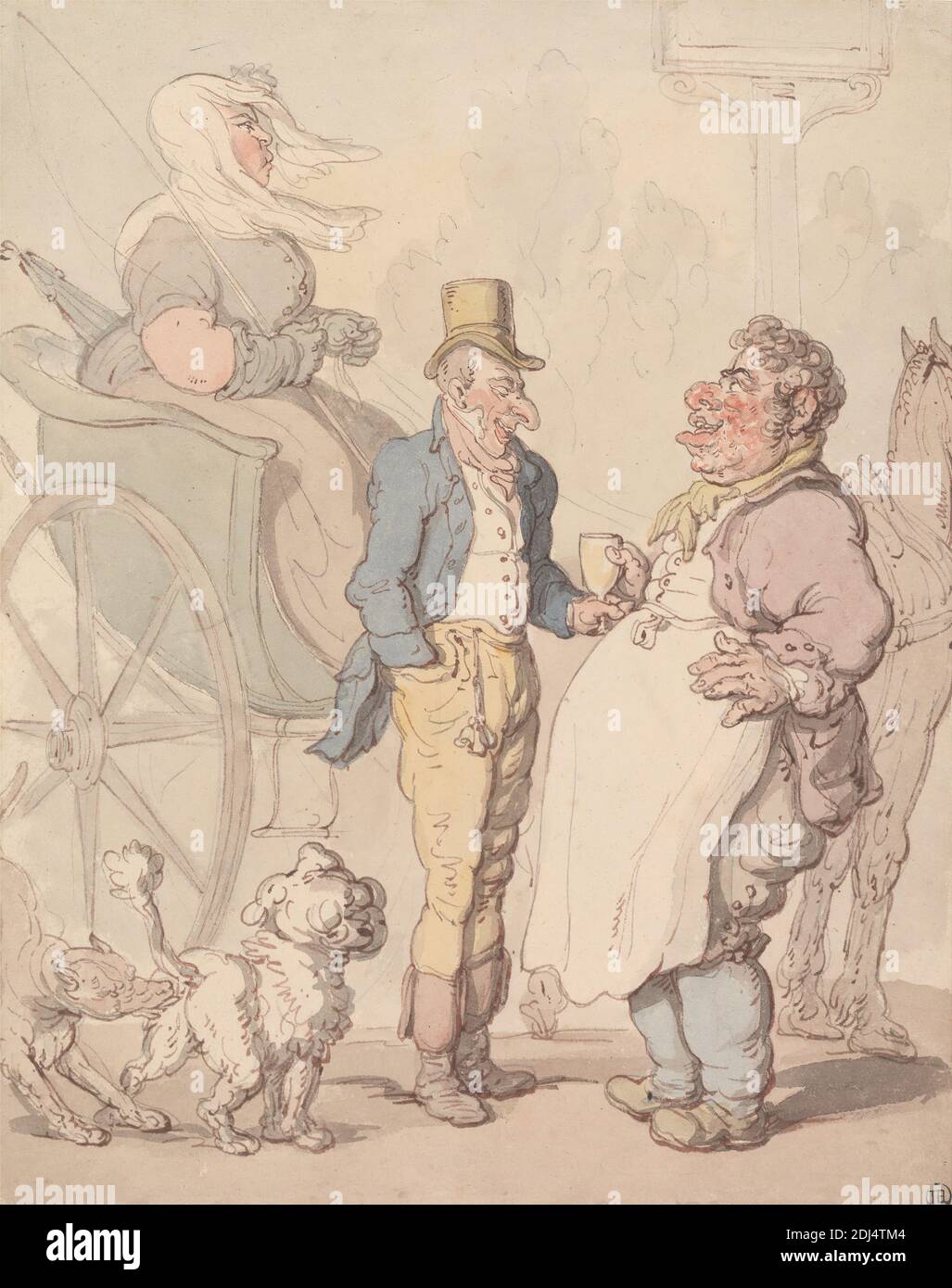 Slinger Billy' Tilling Refreshment, Thomas Rowlandson, 1756–1827, inglese, non satinato, acquerello con penna e inchiostro rosso-marrone e grigio su grafite di spessore moderato, leggermente testurizzato, beige, carta wove, foglio: 10 3/4 x 8 9/16 pollici (27.3 x 21.7 cm), grembiule (capo principale), caricatura, carrozza, tazza, cani (animali), genere soggetto, cavallo (animale), uomo, obese, equitazione raccolto, trasporto, albero, ruote, donna Foto Stock