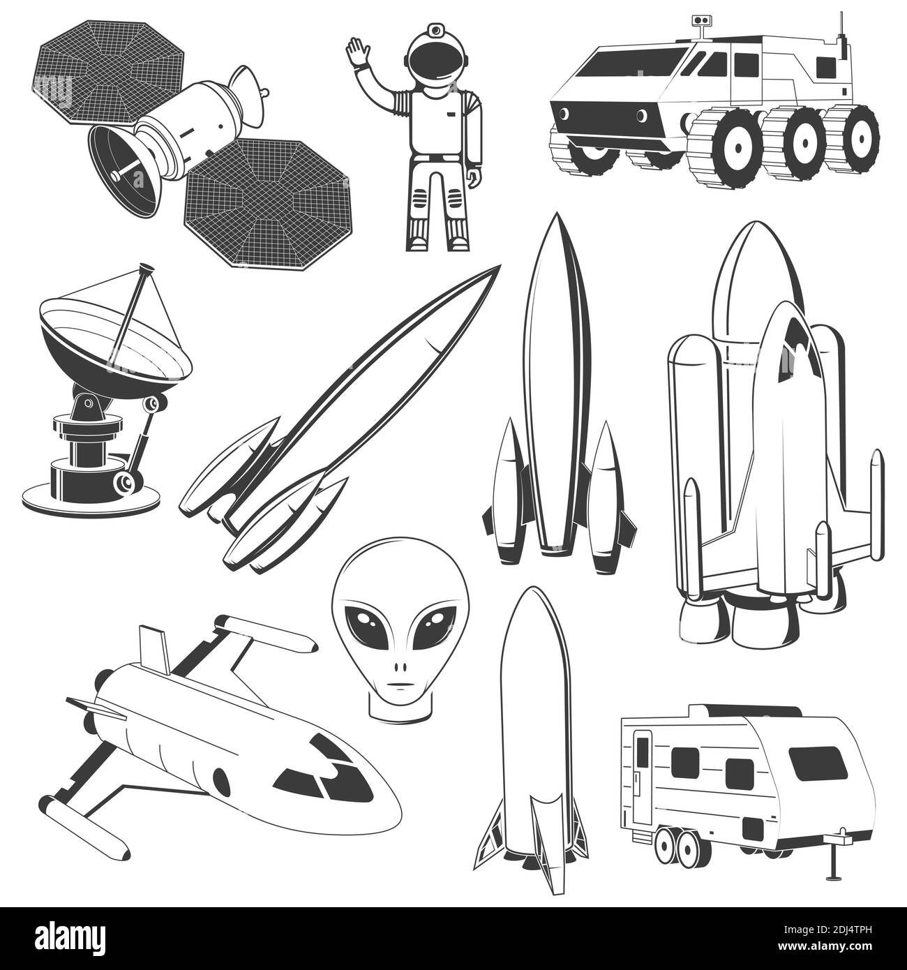 Icona Set of Space (Imposta spazio). Concetto di illustrazione vettoriale per camicia, stampa, timbro. Spaceman, astronauta, satellite, alieno, navetta, razzo, Mars rover, camper rimorchio, navetta Illustrazione Vettoriale