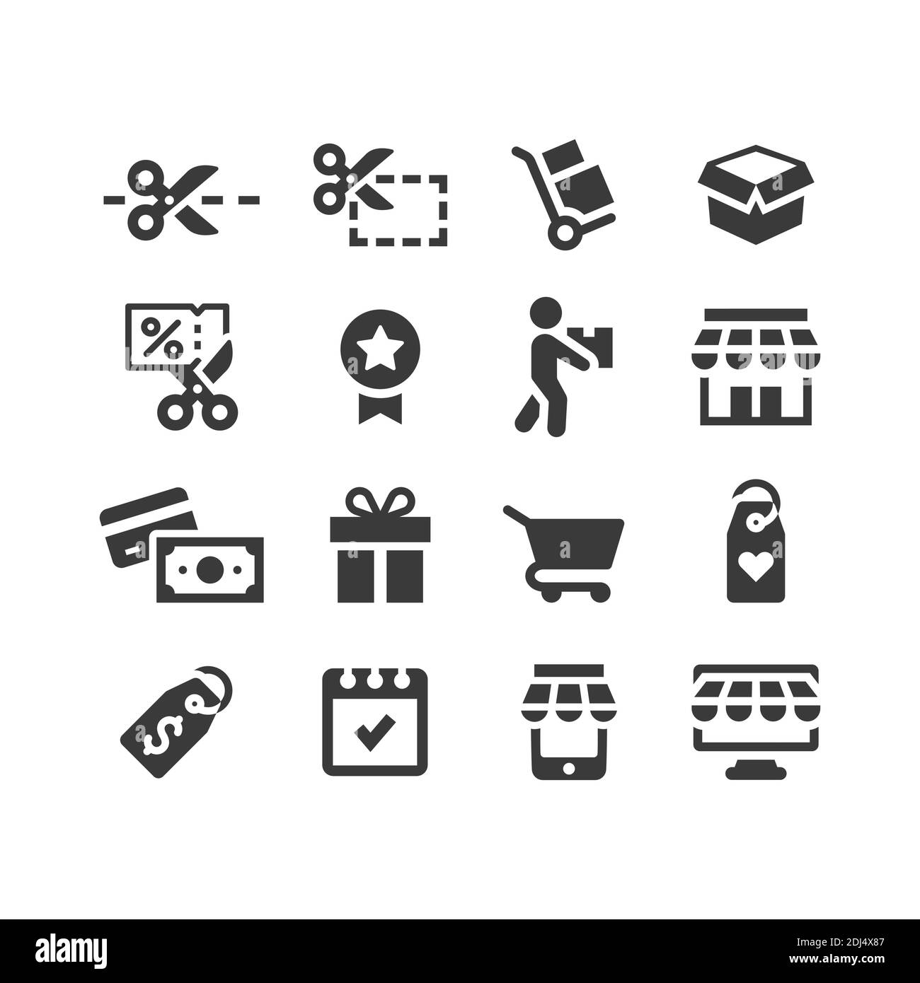 Insieme di icone vettoriali per acquisti o e-commerce. Coupon, prezzo tag, negozio glyph icone. Illustrazione Vettoriale