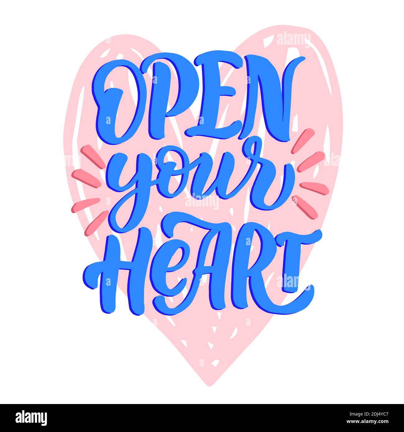 Iscrizione festiva - aprite il cuore - con lettere blu e cuore rosa, in grafica vettoriale . Per la progettazione di cartoline, poster, striscioni, stampe Illustrazione Vettoriale