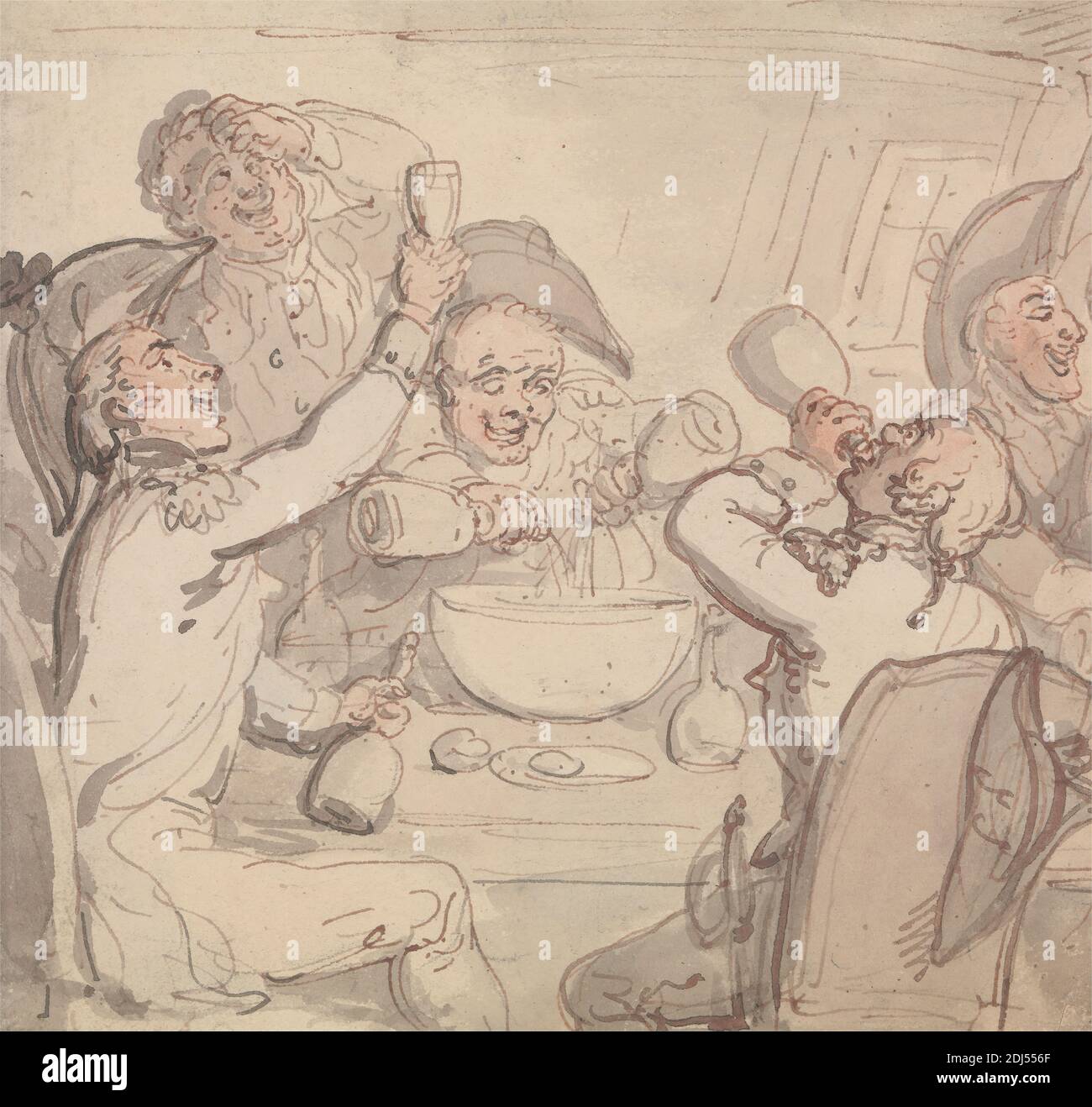 Naval Officers and a Bowl of Punch, Thomas Rowlandson, 1756–1827, inglese, non satinato, acquerello e grafite con penna e inchiostro rosso e penna e inchiostro grigio su carta media, leggermente testurizzata, color crema, foglio: 5 11/16 x 6 pollici (14.4 x 15.2 cm), sedie, bere, cibo, genere soggetto, bicchieri (bicchieri da bere), cappelli, uomini, nave ausiliaria navale, ufficiali (ufficiali militari), ciotola di punch, tavolo (mobili di sostegno Foto Stock