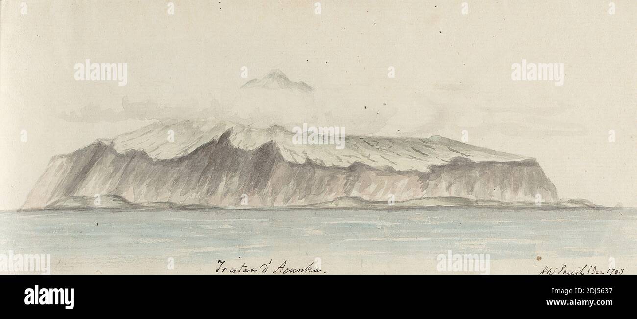 Tristan d' Acunha, gennaio, Henry William Parish, attivo 1792, 1793, acquerello su medio, leggermente testurizzato, carta crema, foglio: 3 3/4 × 9 1/8 pollici (9.5 × 23.1 cm), arte animale Foto Stock