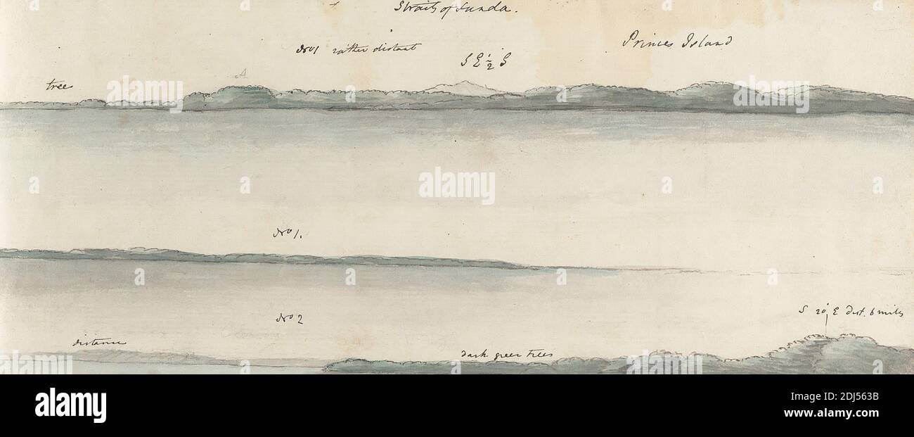 Straits of Sunda, Henry William Parish, attivo 1792, 1793, acquerello e penna e inchiostro nero su carta media, leggermente testurizzata, crema, foglio: 4 1/8 × 10 7/16 pollici (10.5 × 26.5 cm Foto Stock