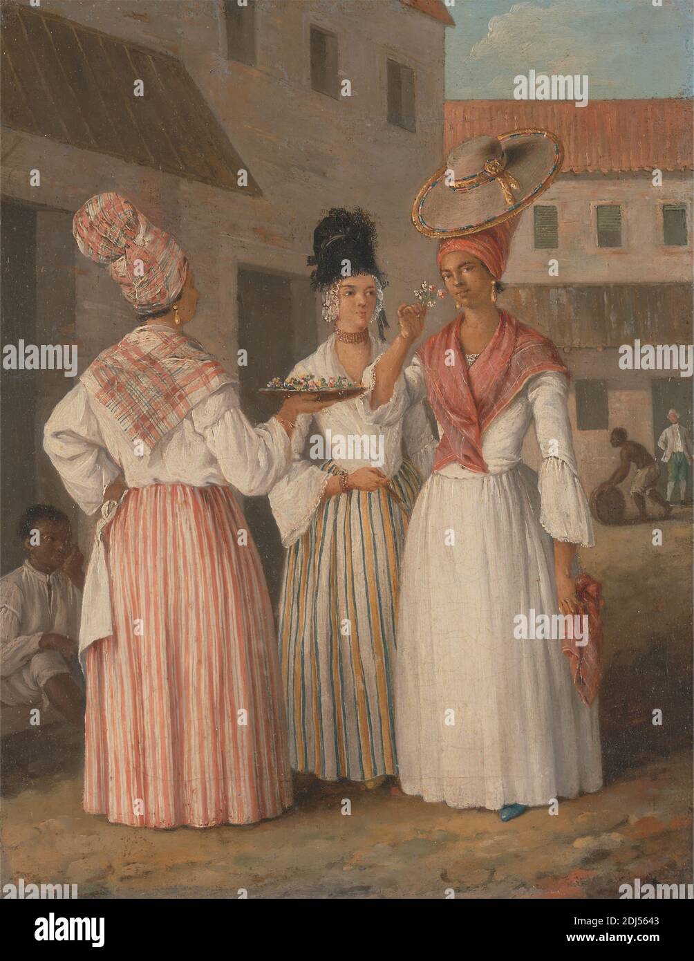 A West Indian Flower Girl e altre due Free Women of Color, Agostino Brunias, 1728–1796, italiano, attivo in Gran Bretagna (1758–70; 1777-80s), ca. 1769, olio su tela, supporto (PTG): 12 1/2 x 9 3/4 pollici (31.8 x 24.8 cm), ragazzi, edifici, città, costume, Creola, fiore (pianta), fiori (piante), libertà, genere soggetto, uomini, vendita, scialli, gonne (indumenti), strada, donne Foto Stock