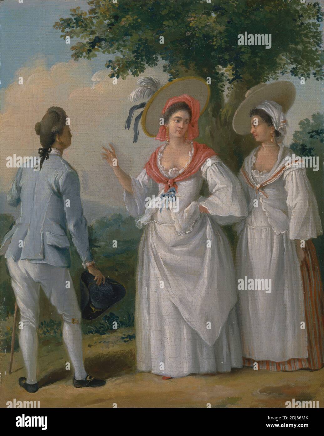 Free West Indian Creoles in elegante abito, Agostino Brunias, 1728–1796, italiano, attivo in Gran Bretagna (1758–70; 1777-80s), ca. 1780, olio su tela, supporto (PTG): 12 1/8 x 9 3/4 pollici (30.8 x 24.8 cm), costume, creolo, libertà, genere soggetto, gesto, colline, paesaggio, uomo, scialle, alberi, donne Foto Stock