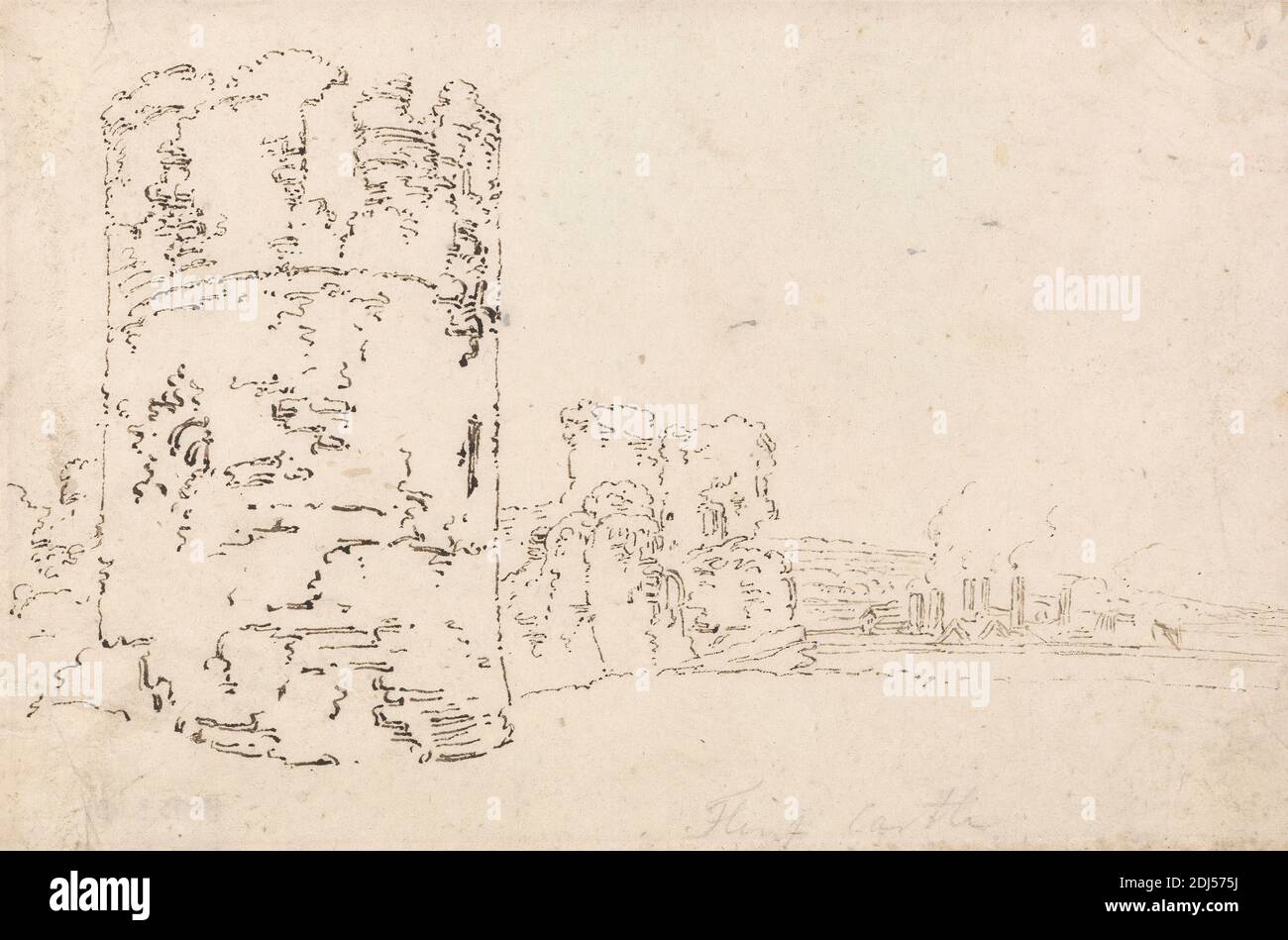 Flint Castle, Thomas Girtin, 1775–1802, inglese, ca. 1798, penna e inchiostro marrone su carta sottile, liscia, crema wove, foglio: 5 3/8 x 8 1/8 pollici (13.7 x 20.6 cm), soggetto architettonico, castello, rovine, alberi, Cymru, Inghilterra, Europa, Flint, Castello di Flintshire, Regno Unito, Galles Foto Stock