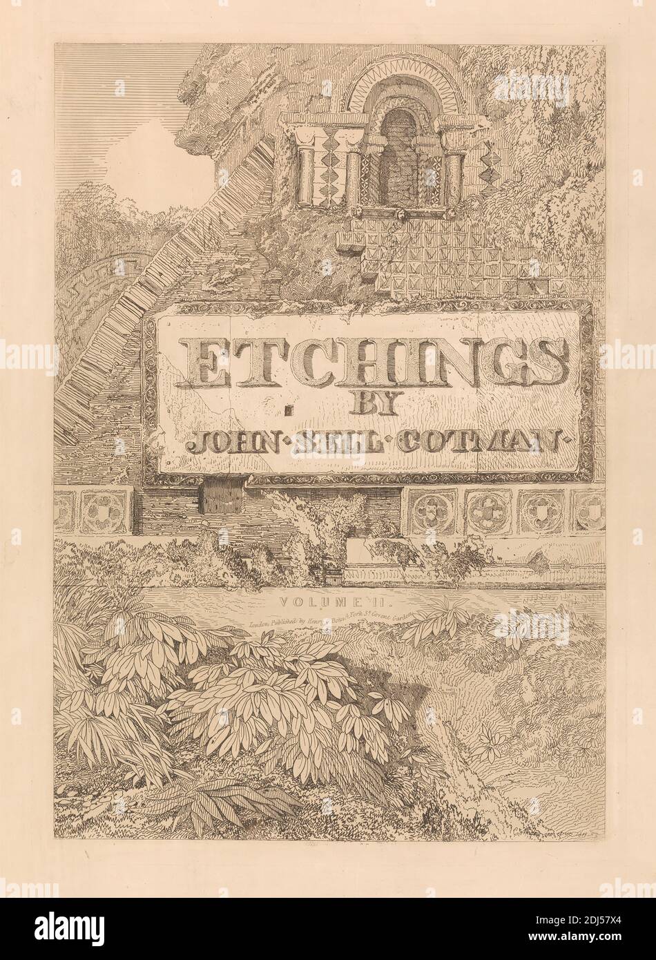 Incisioni di John Sell Cotman, Volume II, Stampa realizzata da John Sell Cotman, 1782–1842, inglese, After John Sell Cotman, 1782–1842, inglese, pubblicato da Henry George Bohn, 1795/6–1884, inglese, 1811, incisione su carta spessa, leggermente testurizzata, in wove beige, foglio: 19 7/16 x 13 3/4 pollici (49.3 x 35 cm), piastra: 14 7/16 x 10 1/16 pollici (36.7 x 25.5 cm), e immagine: 14 1/8 x 9 3/4 pollici (35.8 x 24.8 cm), archi, soggetto architettonico, architettura, edificio, colonne (elementi architettonici), decorazioni, frontespizio (illustrazione), paesaggio, foglie, placca (oggetto piano), quatrefoli, arbusti, titolo Foto Stock