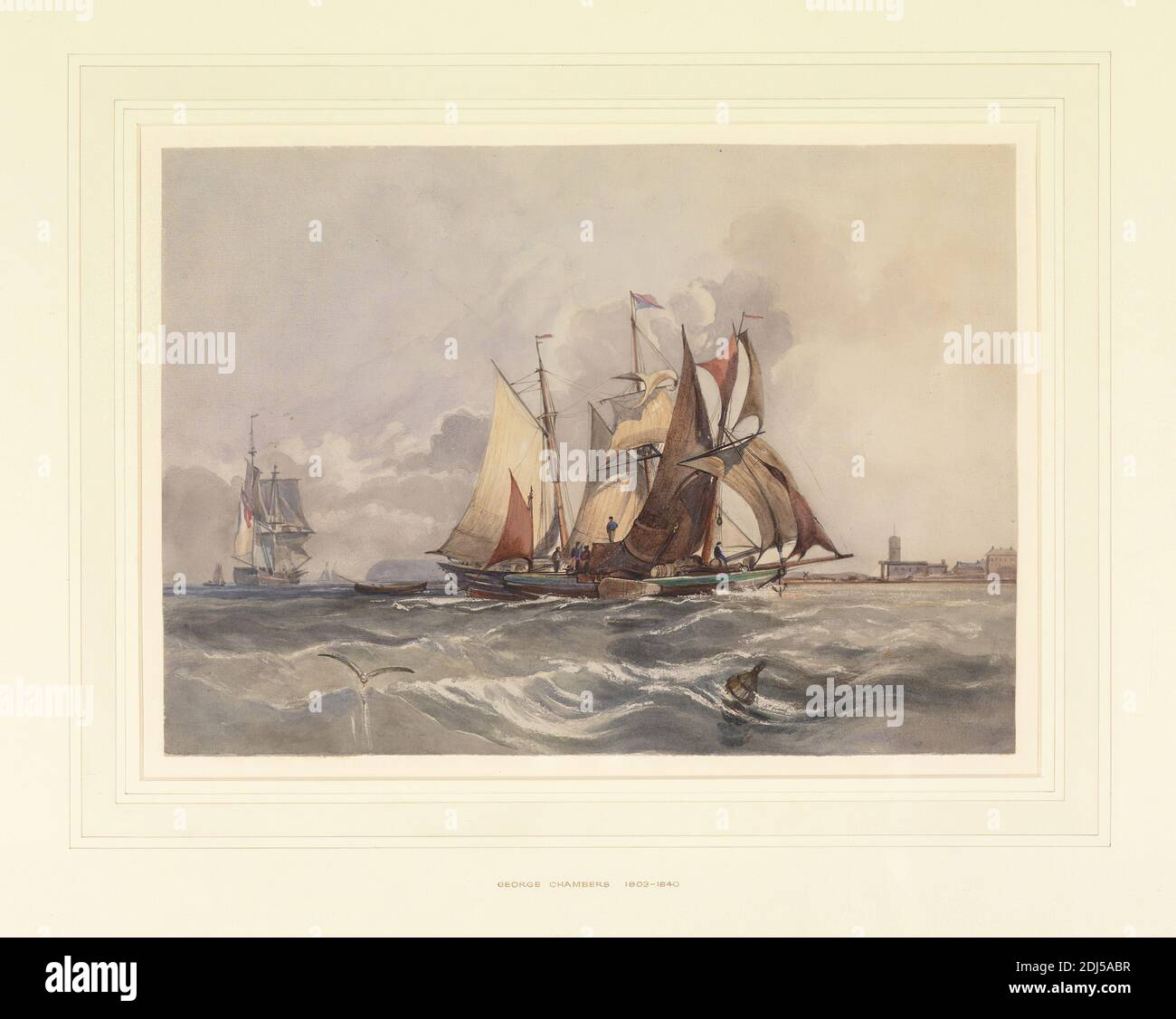 Traders e una nave da guerra in acque costiere, George Chambers, 1803–1840, British, tra il 1820 e il 1840, acquerello e grafite su carta media, moderatamente testurizzata, crema di wove, foglio: 9 x 12 1/4 pollici (22.9 x 31.1 cm), boa, arte marina, vele, mare, navi, commercianti, nave da guerra Foto Stock