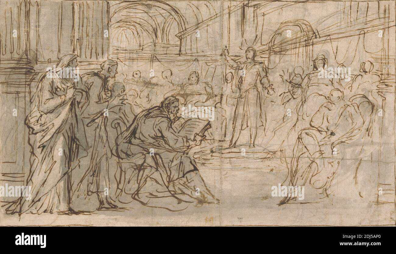 Cristo contendendo con gli anziani nel tempio, Louis Laguerre, 1663–1721, francese, attivo in Gran Bretagna (da ca. 1684), non satinato, penna e inchiostro marrone con lavaggio grigio su grafite di spessore moderato, leggermente testurizzato, carta crema, foglio: 5 5/8 × 10 pollici (14.3 × 25.4 cm), libro, disputa, anziani, soggetto religioso e mitologico, tempio Foto Stock