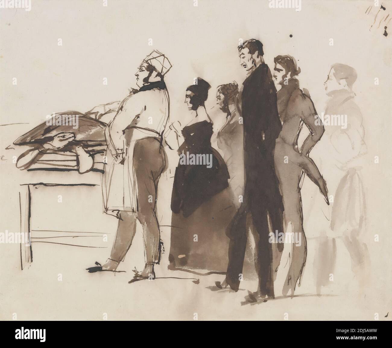 Sir Massey Story Cooking the Turtle, Sir Edwin Henry Landseer, 1802–1873, inglese, non datato, marrone lavaggio e penna e inchiostro marrone su carta media, liscia, crema wove, foglio: 7 1/4 x 8 5/8 pollici (18.4 x 21.9 cm), uomini Foto Stock