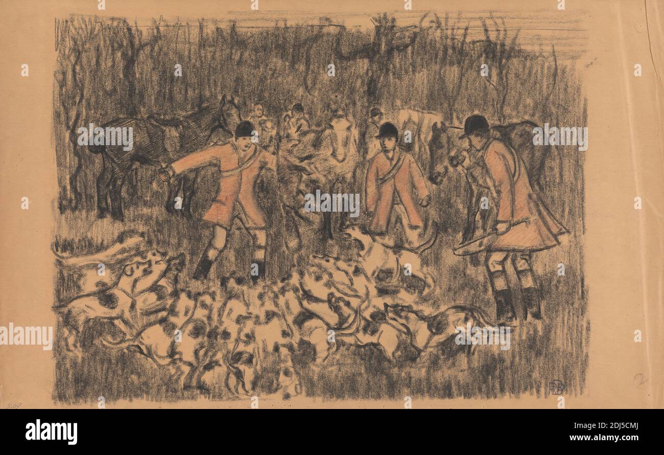 The Kill, Robert Polhill Bevan, 1865–1925, inglese, senza data, gesso nero e rosso su carta sottile, marrone, liscia wove, foglio: 10 3/4 x 17 5/8 pollici (27.3 x 44.8 cm), attacco, cani (animali), cavalli (animali), caccia, uccisione, omicidio, omicidi, arte sportiva, fruste Foto Stock