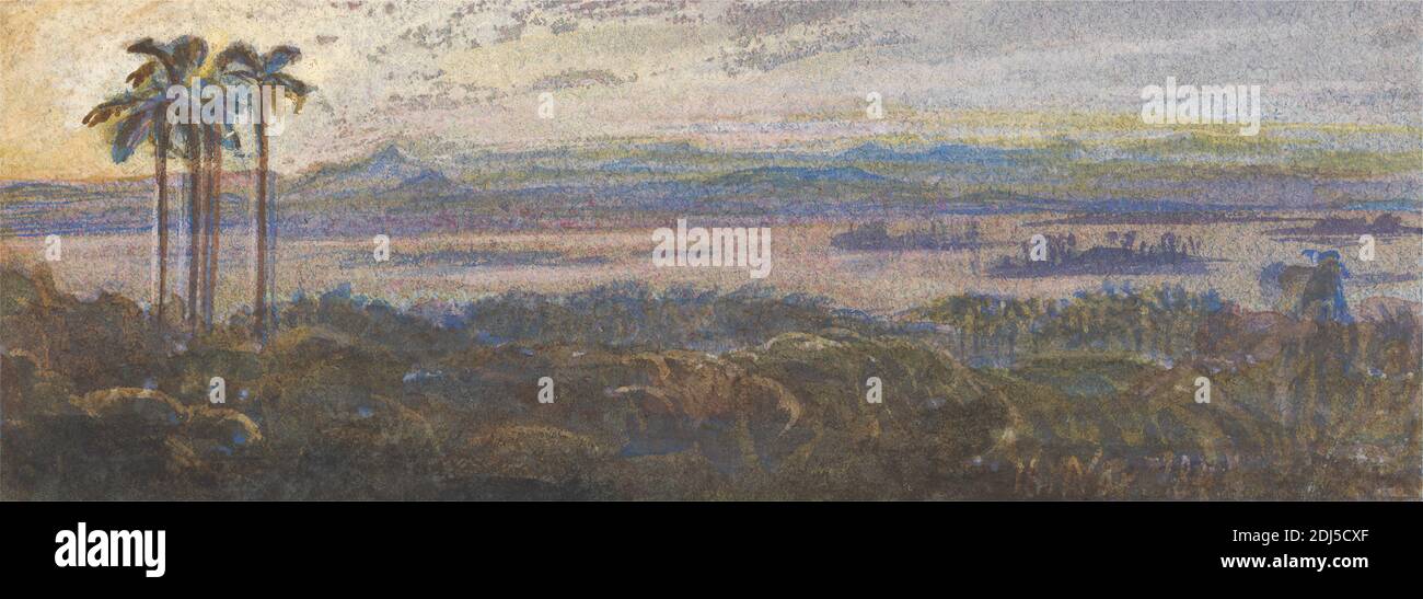 Indian River Landscape, Edward Lear, 1812–1888, British, 1874, acquerello con inchiostro marrone e penna, gouache e matita colorata su carta di wove crema di spessore moderato, leggermente testurizzata, montata su carta spessa, leggermente testurizzata, wove beige, montaggio: 8 × 11 pollici (20.3 × 28 cm) e foglio: 1 3/4 × 5 pollici (4.5 × 12.7 cm), nuvole, indiano, isole, paesaggio, montagne, palme, fiume, Asia, India Foto Stock
