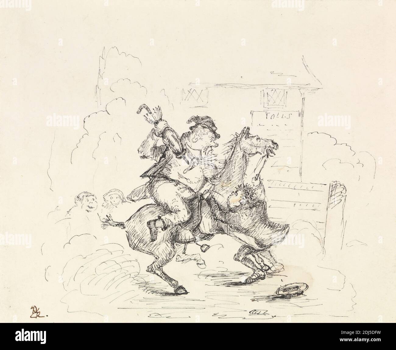 A Horse and Rider, artista sconosciuto, ex Thomas Rowlandson, 1756–1827, inglese, non satinato, penna e inchiostro nero su carta di media consistenza, leggermente testurizzata, color crema, montata su carta di media spessore, leggermente testurizzata, wove blu, montaggio: 14 1/8 x 10 3/8 pollici (35.8 x 26.3 cm) e foglio: 5 3/8 × 6 1/2 pollici (13.6 × 16.5 cm), costruzione, genere soggetto, cavallo (animale), ridendo, uomo, equitazione, ombrello Foto Stock