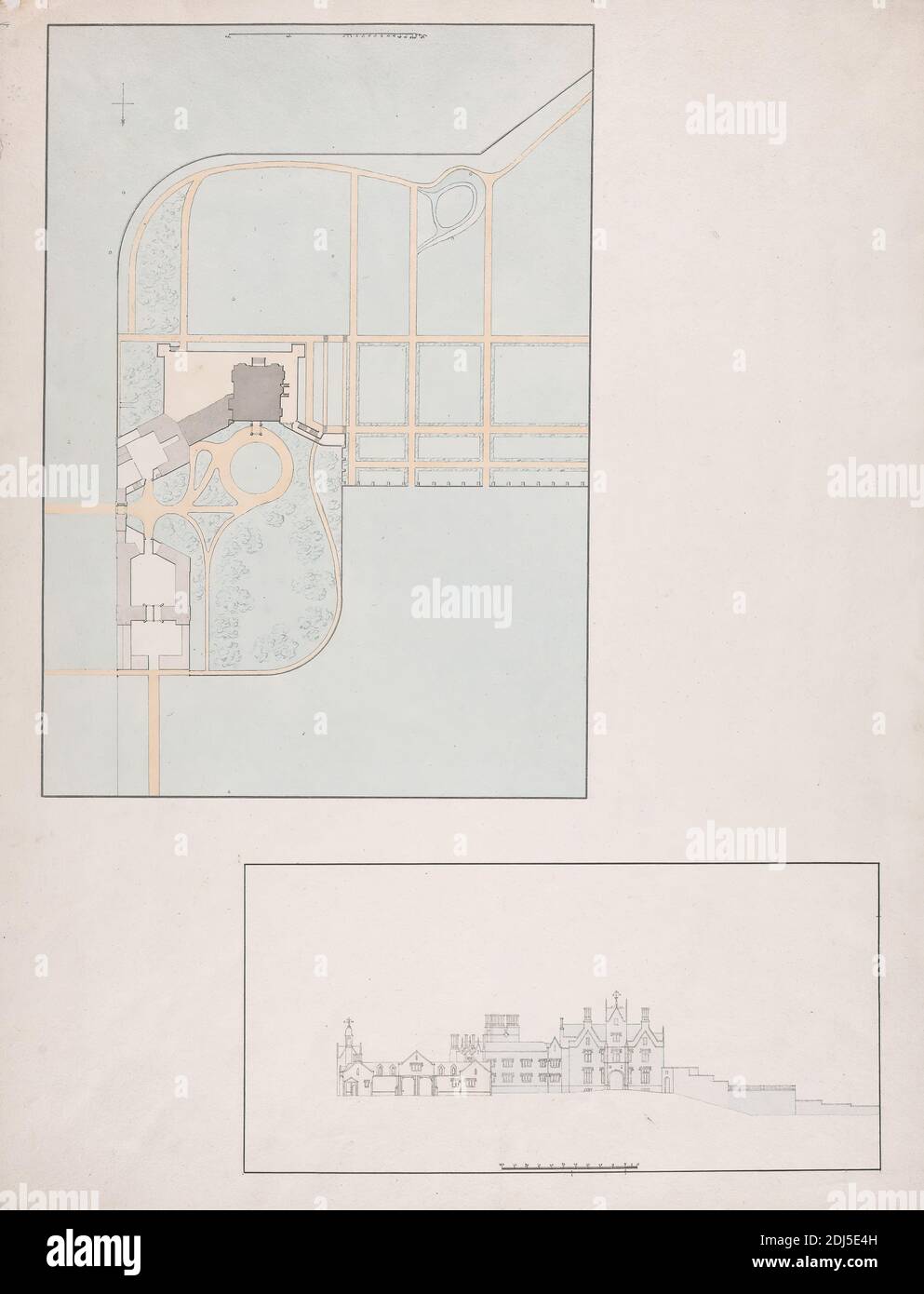 Lilleshall Hall, Shropshire: Piano generale e elevazione, studio di Sir Jeffry Wyatville, 1766–1840, inglese, ca. 1826, penna, inchiostro nero, grafite e acquerello su carta media, leggermente testurizzata, carta di wove crema, foglio: 18 1/2 × 14 1/4 pollici (47 × 36.2 cm), soggetto architettonico Foto Stock