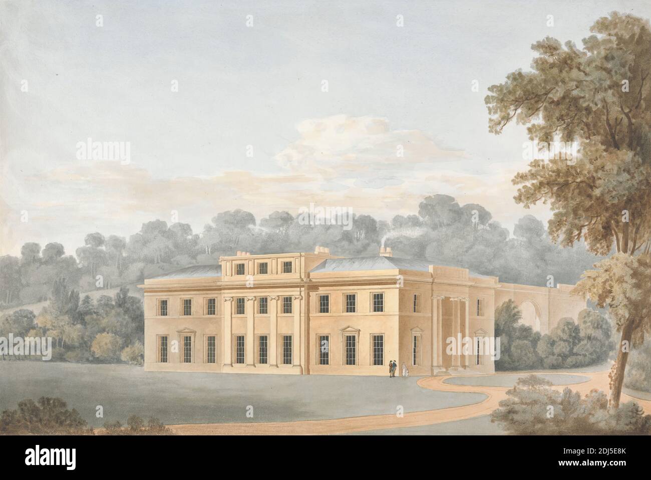 Dinton House, Wiltshire: Prospettiva View, Studio di Sir Jeffry Wyatville, 1766–1840, inglese, ca. 1812, acquerello su grafite media, moderatamente testurizzata, carta crema wove, foglio: 15 1/4 × 22 3/4 pollici (38.7 × 57.8 cm), disegno architettonico, soggetto architettonico, architettura, costruzione, elevazioni (disegni), paesaggio, parco (terreni), viste prospettiche, disegno di presentazione (proposta), alberi, Dinton, Inghilterra, Europa, Regno Unito, Wiltshire Foto Stock