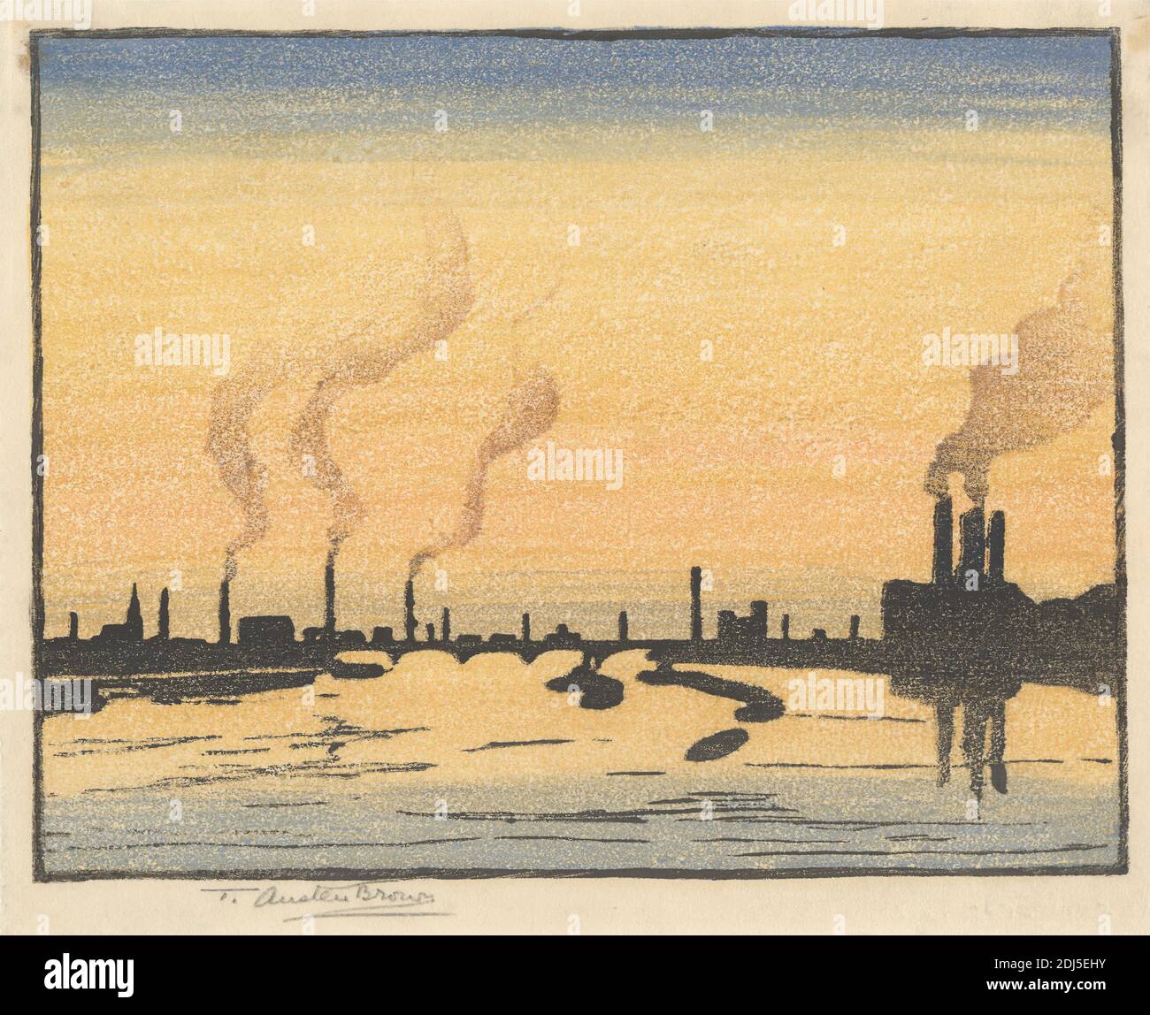 Industrial Landscape, Stampa realizzata da Thomas Austen Brown, 1857–1924, inglese, non satinato, colore legno tagliato su carta media, leggermente testurizzata, panna asiatica, foglio: 6 5/8 x 8 1/8 pollici (16.8 x 20.6 cm) e immagine: 6 x 7 5/8 pollici (15.2 x 19.4 cm), edifici, città, paesaggio urbano, città industriale, industria, paesaggio, cielo, fumo, smokestacks, tramonto, acqua Foto Stock