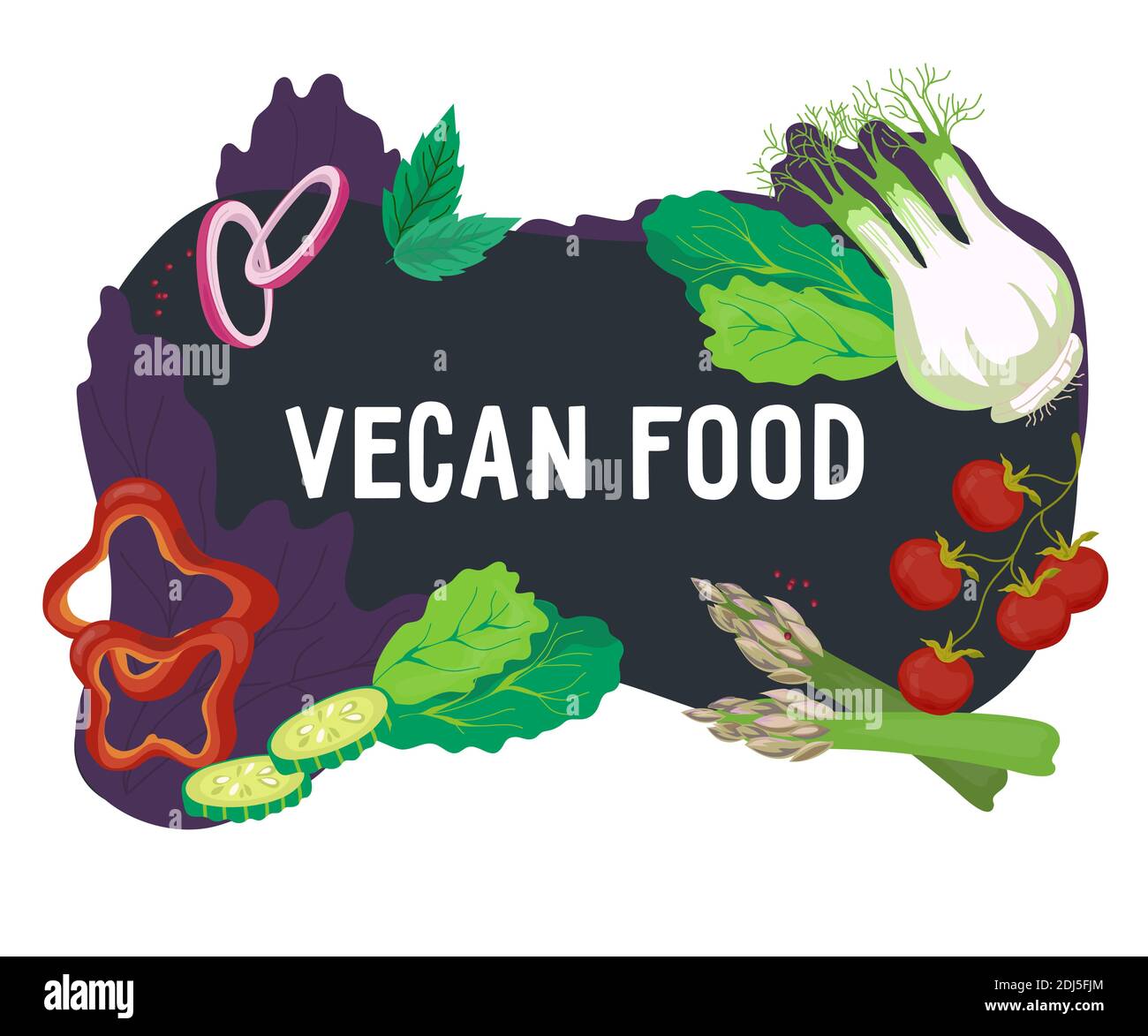 Banner alimentare vegano con verdure colorate. Negozio di alimentari o vegan biologico, fattoria locale pubblicità modello banner. Cucina vegetariana, caffè o ristorante Illustrazione Vettoriale