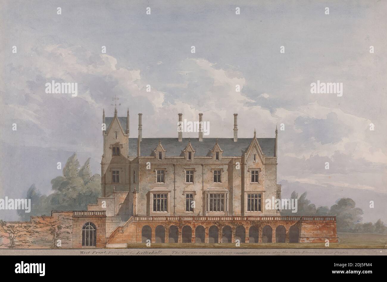 Lilleshall, Shropshire: West Front, Sir Jeffry Wyatville, 1766–1840, British, 1826, acquerello e penna e inchiostro nero su carta in wove leggermente testurizzata, media, scala di 1/12 pollici a 1 piede, foglio: 12 3/16 × 18 3/8 pollici (31 × 46.7 cm), soggetto architettonico Foto Stock