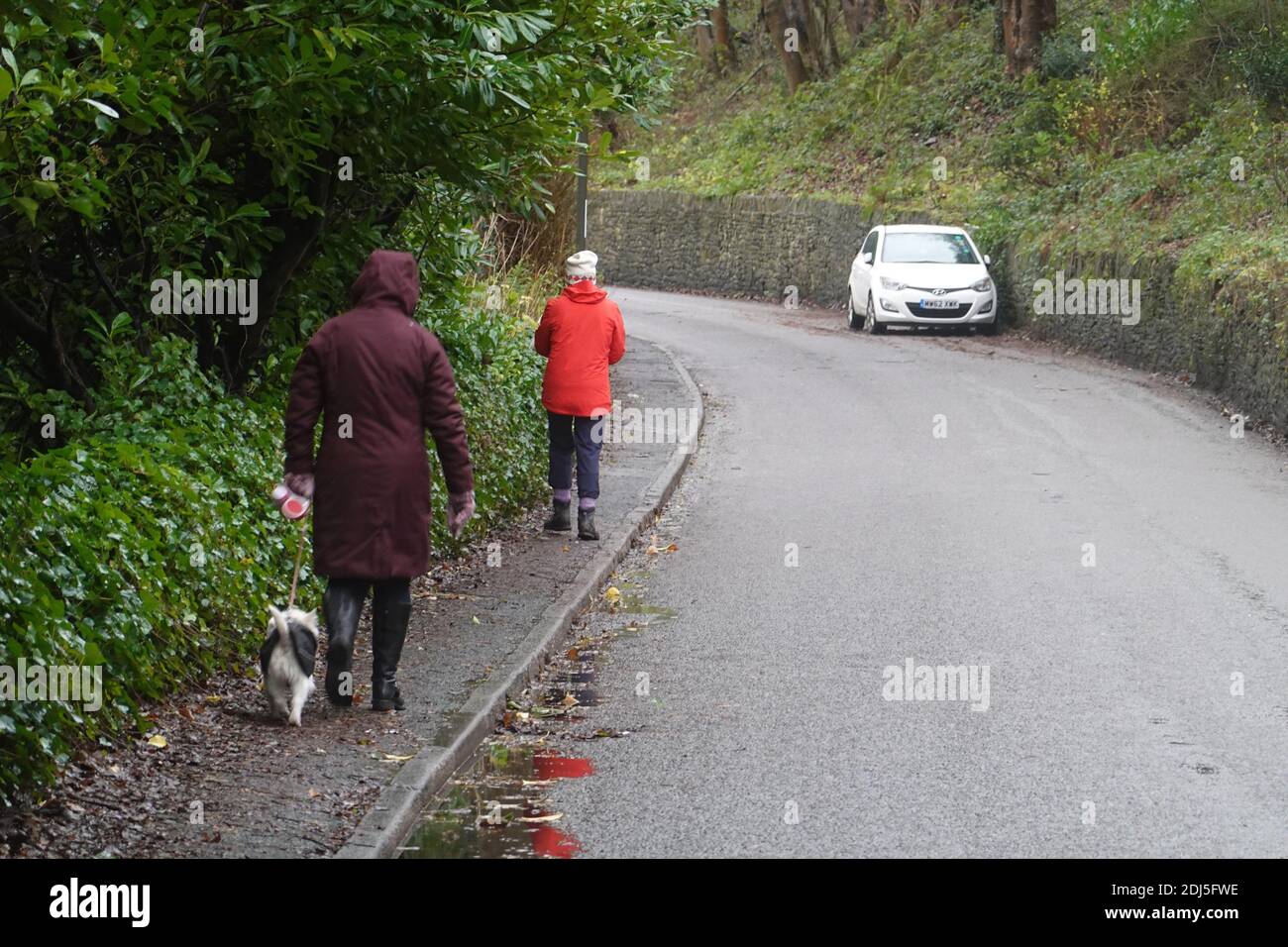 Due persone e un cane in una passeggiata di domenica pomeriggio a Thornsett, Derbyshire Foto Stock