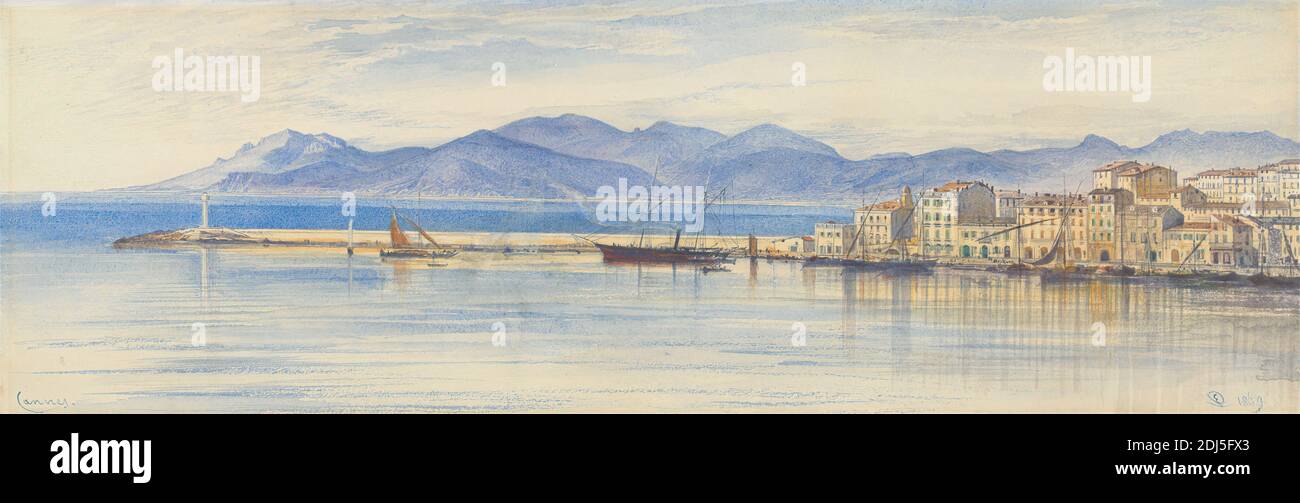 Una vista del porto di Cannes, Edward Lear, 1812–1888, British, 1869, acquerello, gouache, grafite e raschiatura su carta spessa, leggermente testurizzata, in wove color crema, foglio: 6 9/16 x 20 1/8 pollici (16.7 x 51.1 cm), barche, edifici, paesaggio urbano, porto, paesaggio, faro, arte marina, montagne, vele, cielo, villaggio, acqua, finestre, Cannes, Francia, Provenza-Alpi-Côte Azzurra Foto Stock