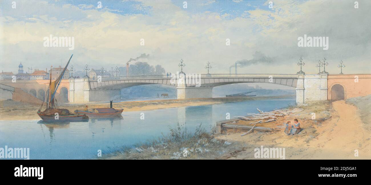 Iron Bridge alla periferia di una città industriale, Thomas Charles Leeson Rowbotham, 1823–1875, inglese, 1871, acquerello, gouache bianco, penna e inchiostro nero, e grafite con graffiatura su carta spessa, moderatamente testurizzata, crema di wove, foglio: 10 3/8 x 23 5/8in. (26.4 x 60 cm Foto Stock
