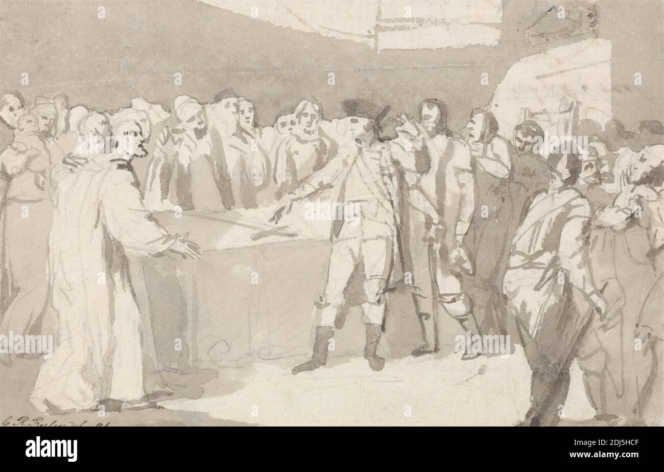 Un episodio storico: ? Un ufficiale militare che guida altre figure nel prendere un giuramento su una Spada su un tavolo prima churchmen, Charles Reuben Ryley, 1752–1798, britannico, non satinato, grigio lavaggio e grafite su carta media, leggermente testurizzata, crema posata montata sottile, liscia, carta wove crema, foglio: 4 5/8 × 7 1/4 pollici (11.7 × 18.4 cm), uomini, arte militare, giuramenti, spada, tavolo Foto Stock