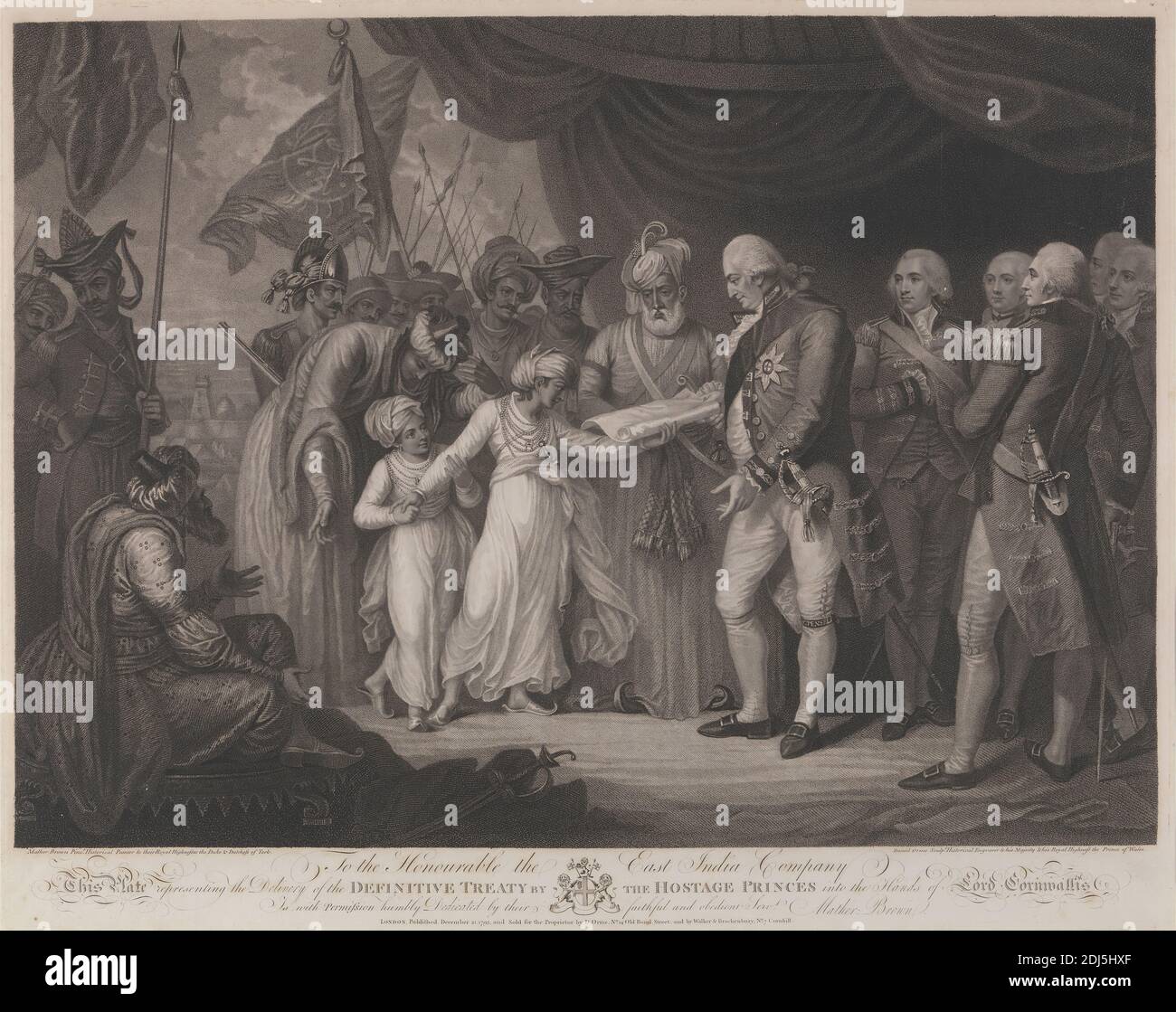 La consegna del trattato definitivo da parte dei principi ostaggi nelle mani di Lord Cornwallis, Stampa fatta da Daniel Orme, 1766–1837, inglese, After Mather Brown, 1761–1831, americano, attivo in Gran Bretagna, 1793, incisione con impresso su carta media, leggermente testurizzata, crema di wove, foglio: 20 1/4 x 25 3/8 pollici (51.4 x 64.5 cm), soggetto storico, ostaggi, arte militare, principi, sultani, trattato, turbanti Foto Stock
