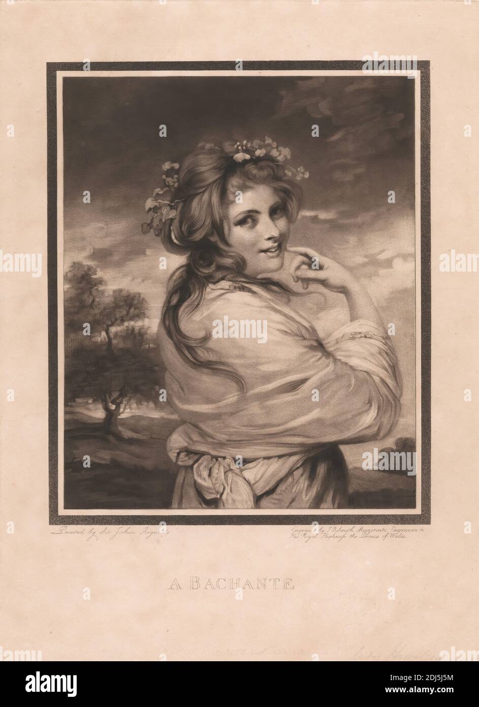 Emma Hart come Bacchante, Stampa fatta da John Raphael Smith, 1752–1812, inglese, dopo Sir Joshua Reynolds RA, 1723–1792, inglese, 1784, Mezzotint su carta deformata, moderatamente spessa, beige, foglio: 16 3/4 × 12 15/16 pollici (42.5 × 32.9 cm), piatto: 15 × 10 15/16 pollici (38.1 × 27.8 cm) e immagine: 9 7/8 × 8 1/16 pollici (25.1 × 20.5 cm Foto Stock