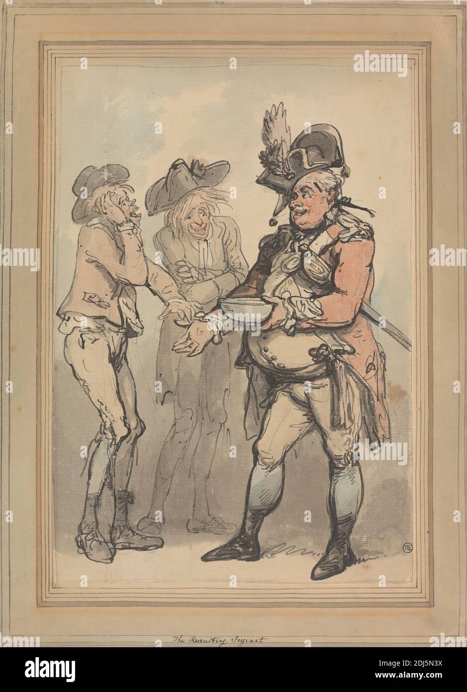 The Recruiting Sargeant, Thomas Rowlandson, 1756–1827, inglese, ca. 1790, acquerello con penna e inchiostro nero su grafite su carta media, leggermente testurizzata, a foglio, montata su carta deformato leggermente spessa, leggermente testurizzata, foglio: 12 x 8 1/4 pollici (30.5 x 21 cm) e montaggio: 15 1/16 x 11 1/8 pollici (38.3 x 28.3 cm), soggetto di genere, cappelli, costume militare, ufficiale (ufficiale militare), reclutamento Foto Stock