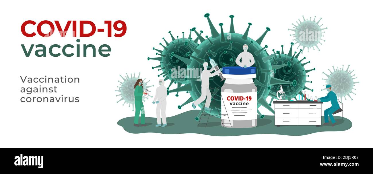 Covid-19 concetto di sviluppo del vaccino del coronavirus con i caratteri della gente scienziati e medici in laboratorio medico di ricerca. Scena con virus su b Illustrazione Vettoriale