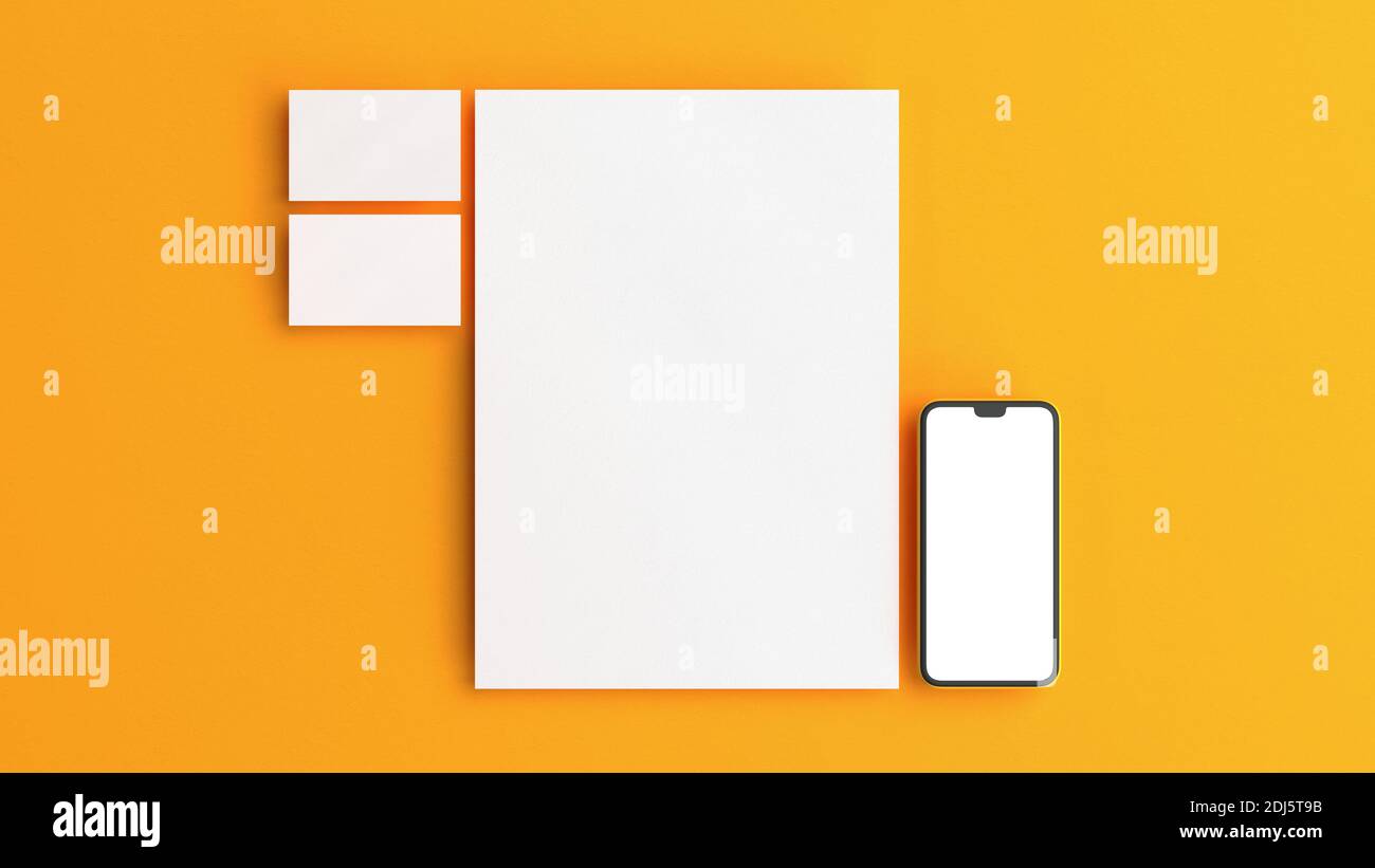 Cartoleria che marca mockup su uno sfondo giallo per inserire il vostro disegno. Stile di posa piatto. Foto Stock