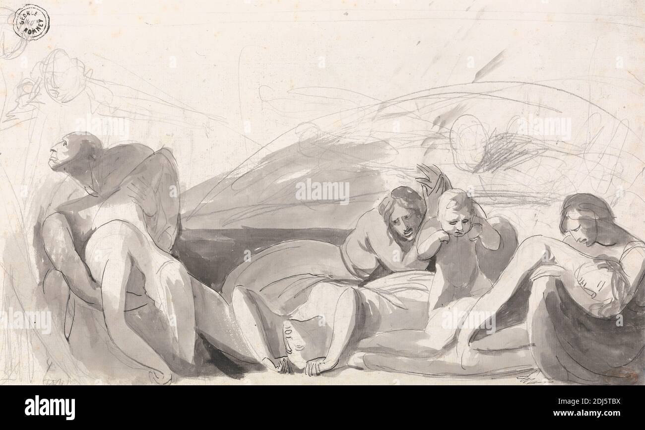 Howard Visiting a Prison, George Romney, 1734–1802, inglese, non satinato, inchiostro nero con lavaggio grigio su grafite media, moderatamente testurizzata, carta crema, foglio: 11 7/8 x 19 5/8 pollici (30.2 x 49.8 cm), bambino, bambino, bambini, istituzione correttistica, abiti, studio di figura, soggetto storico, uomini, prigione, donne Foto Stock