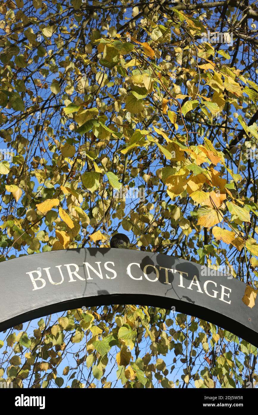 Burns Cottage, Alloway Auld Kirk indicazioni stradali, Alloway, Ayrshire, Scozia Foto Stock