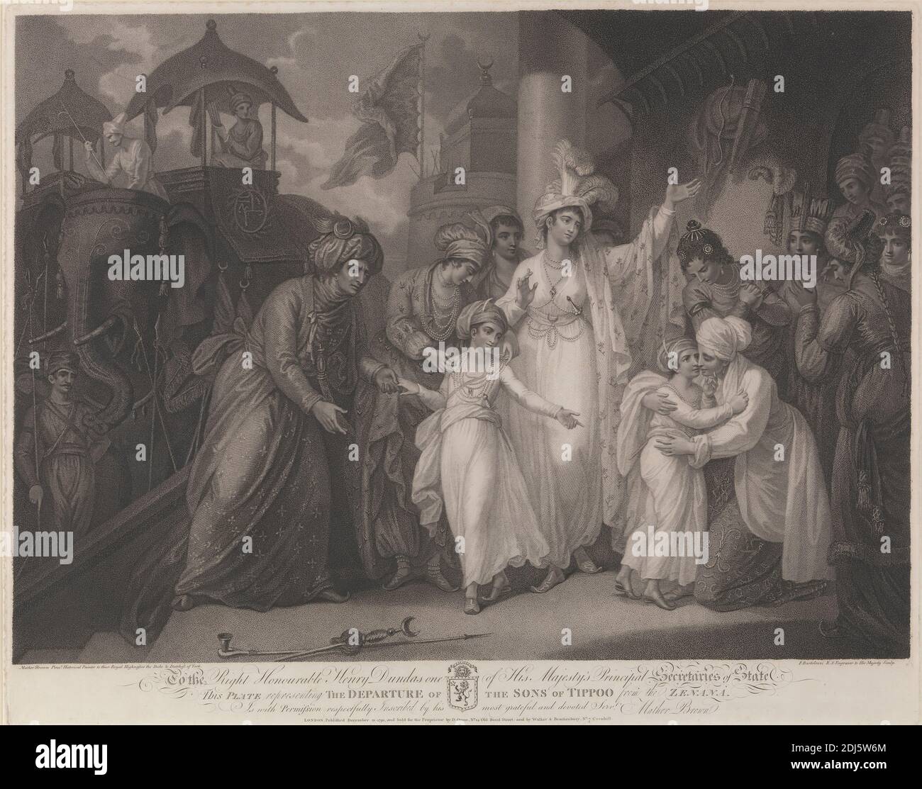 La partenza dei figli di Tippoo dallo Zenana, Stampa di Francesco Bartolozzi RA, 1728–1815, italiano, attivo in Gran Bretagna (1764–99), After Mather Brown, 1761–1831, americano, attivo in Gran Bretagna, pubblicato da Daniel Orme, 1766–1837, inglese, 1793, incisione su carta media, leggermente testurizzata, carta d'oca, foglio: 20 1/2 x 25 1/2 pollici (52.1 x 64.8 cm), elefanti (animali), soggetto storico, ostaggi, partenza, ritratto, principi, regalità, figli, sultani, terza guerra anglo-Mysore (1789–1792), turbanti, guerra, India, Mysore Foto Stock