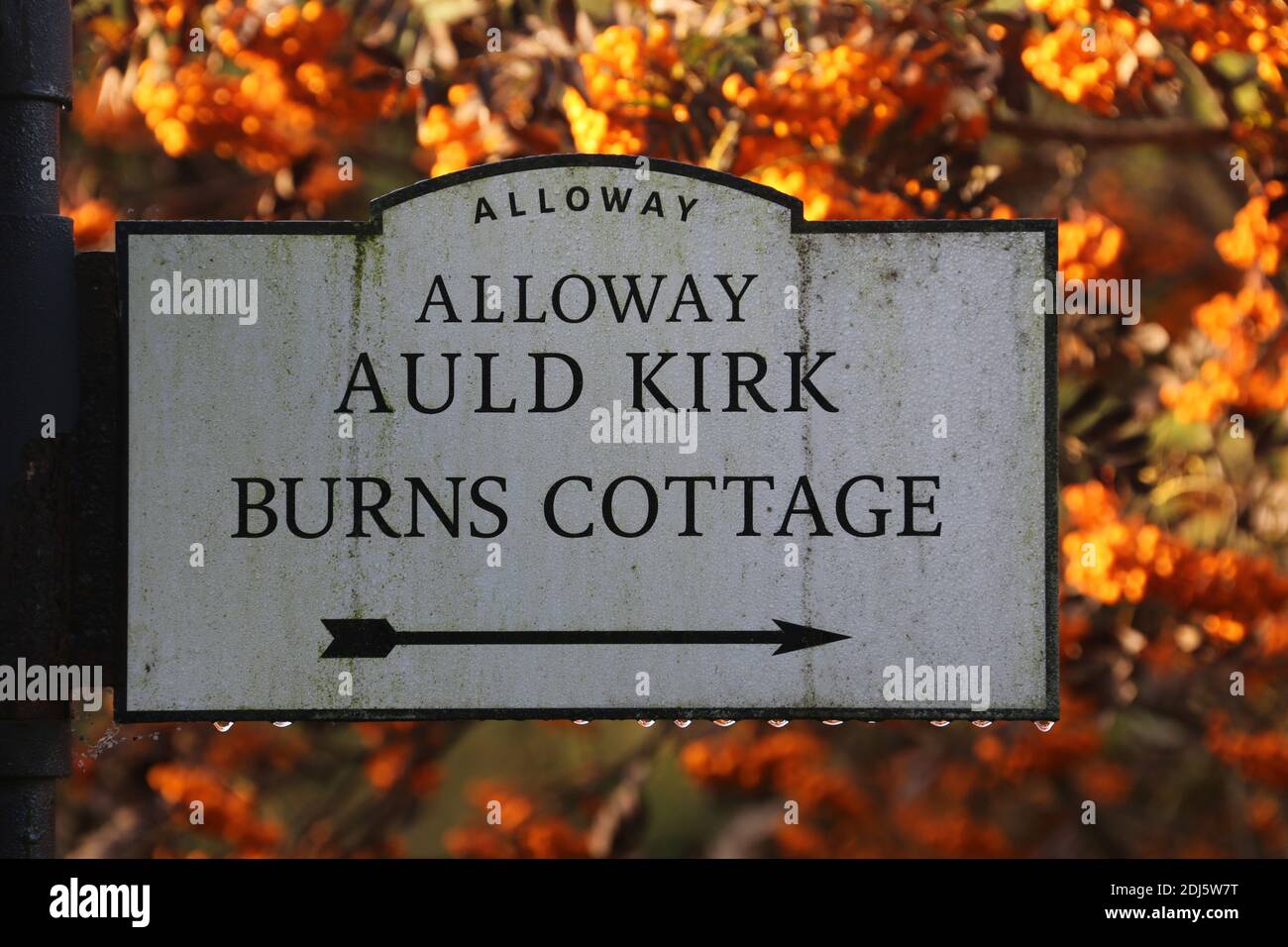 Burns Cottage, Alloway Auld Kirk indicazioni stradali, Alloway, Ayrshire, Scozia Foto Stock