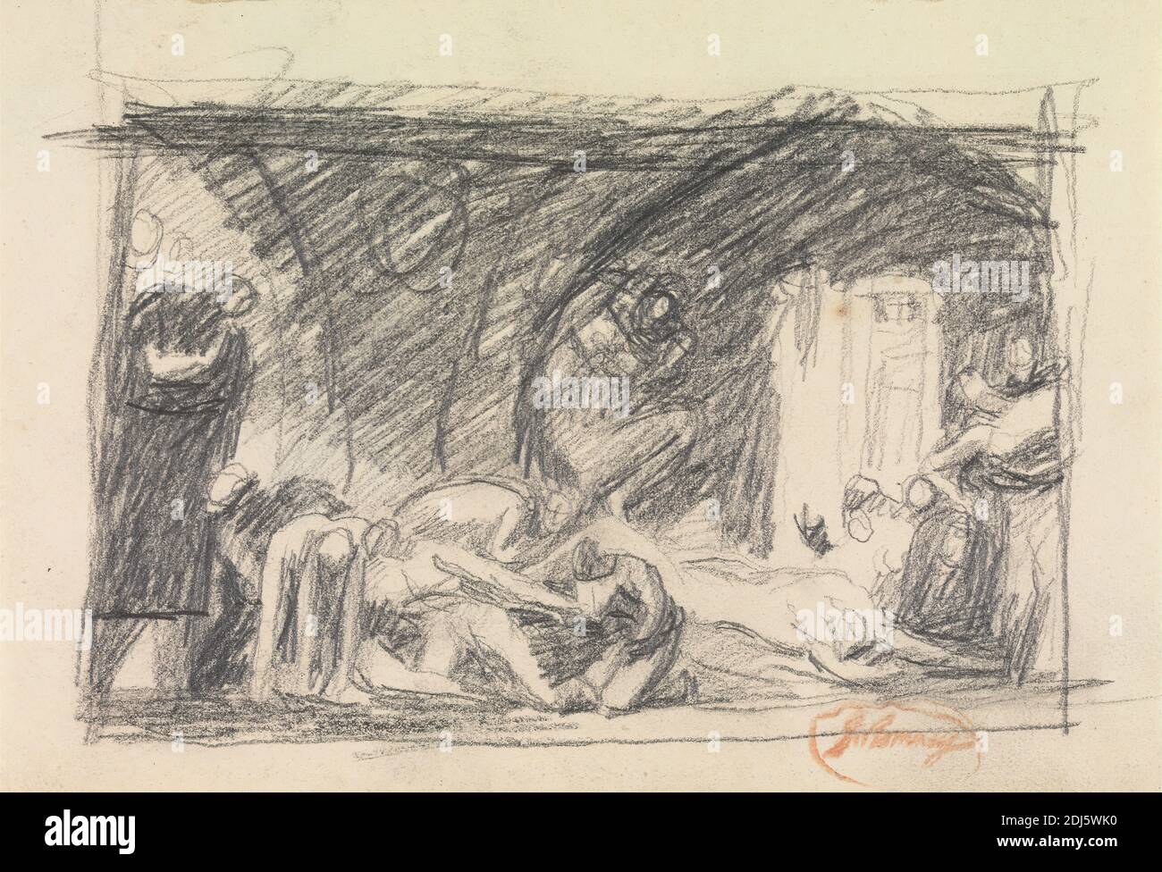 Prison Scene, George Romney, 1734–1802, britannico, tra il 1749 e il 1802, grafite su carta media, leggermente testurizzata, carta in wove crema, foglio: 3/4 x 17.8 cm (4 12.1 x 7 pollici), corpi, istituzione correttistica, oscuro, soggetto di genere, prigione, prigione Foto Stock