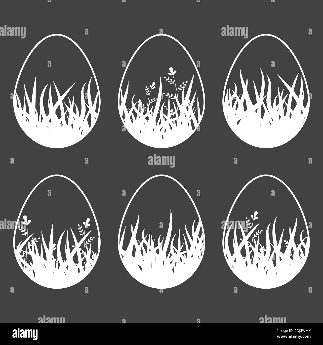 Set di uova bianche isolate di Pasqua su sfondo nero. Con un interessante disegno astratto di erba. Semplice illustrazione vettoriale piatta. Adatto per Illustrazione Vettoriale