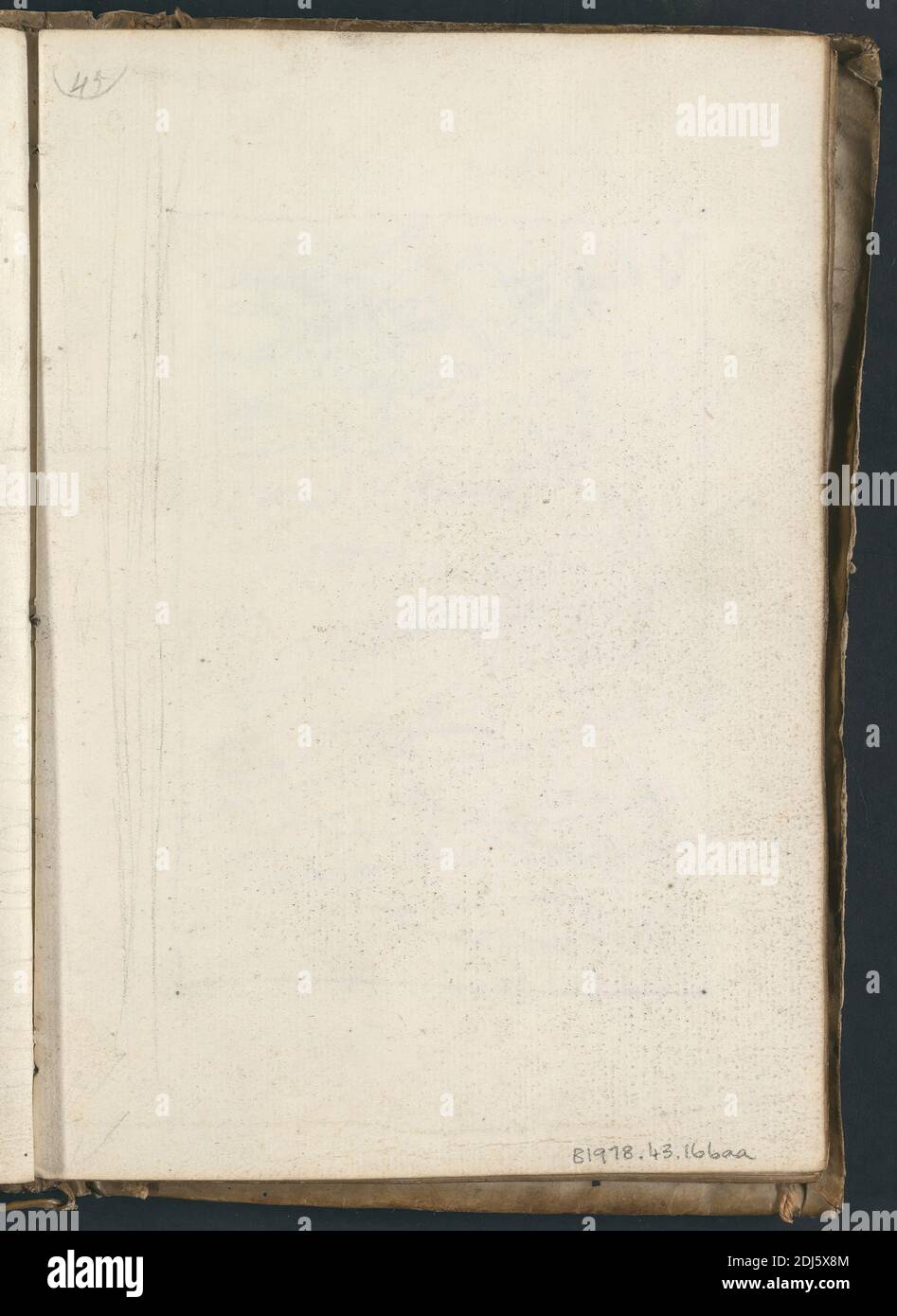 Pagina 45, vuoto, Alexander Cozens, 1717–1786, inglese, 1746, grafite su media, leggermente testurizzata, carta crema, rilegata in vellum, spina: 7 5/8 pollici (19.4 cm) e foglio: 7 3/8 x 5 1/8 pollici (18.7 x 13 cm), soggetto architettonico, edifici, forum, Grand Tour, rovine, schizzi, alberi, Italia, Roma Foto Stock