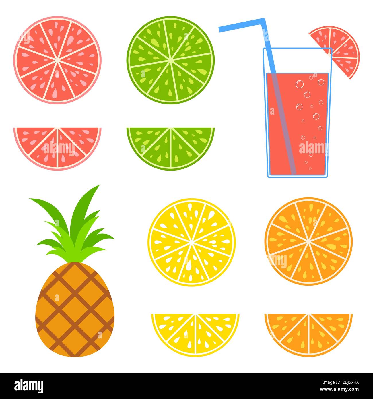 Set di frutti isolati colorati che innaffiano la bocca. Succulento, luminoso, delizioso cibo tropicale. Lime, limone, pompelmo, arancia, ananas, cocktail con paglia Illustrazione Vettoriale