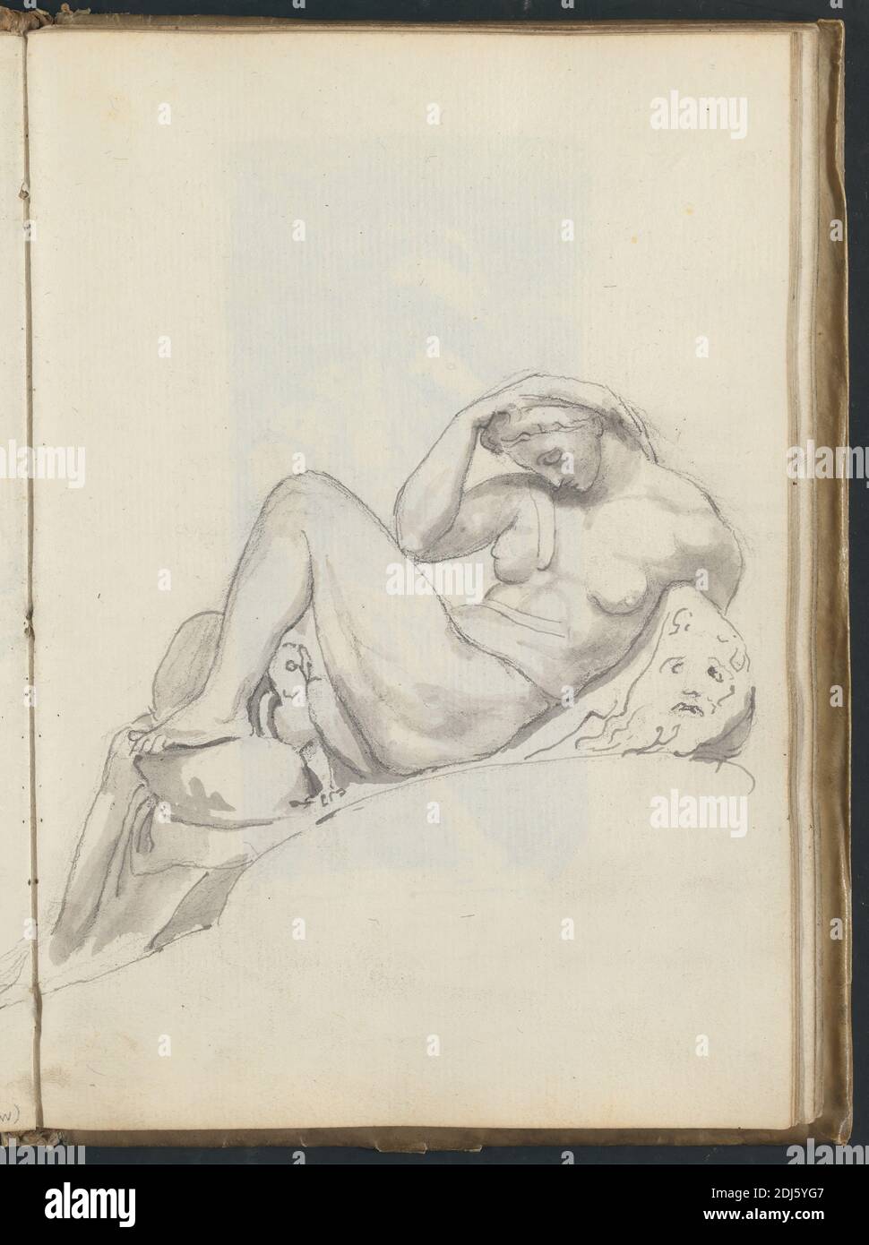 Studio della Notte di Michelangelo, Tomba di Giuliano de' Medici, Chiesa di San Lorenzo, Firenze, John Flaxman, 1755–1826, inglese, 1787, grafite, penna e inchiostro nero, e lavaggio grigio su carta media, leggermente testurizzata, crema di carta rilegata in vellum, foglio: 8 5/8 x 6 pollici (21.9 x 15.2 cm) e spina: 22.9 cm (9 pollici) Foto Stock