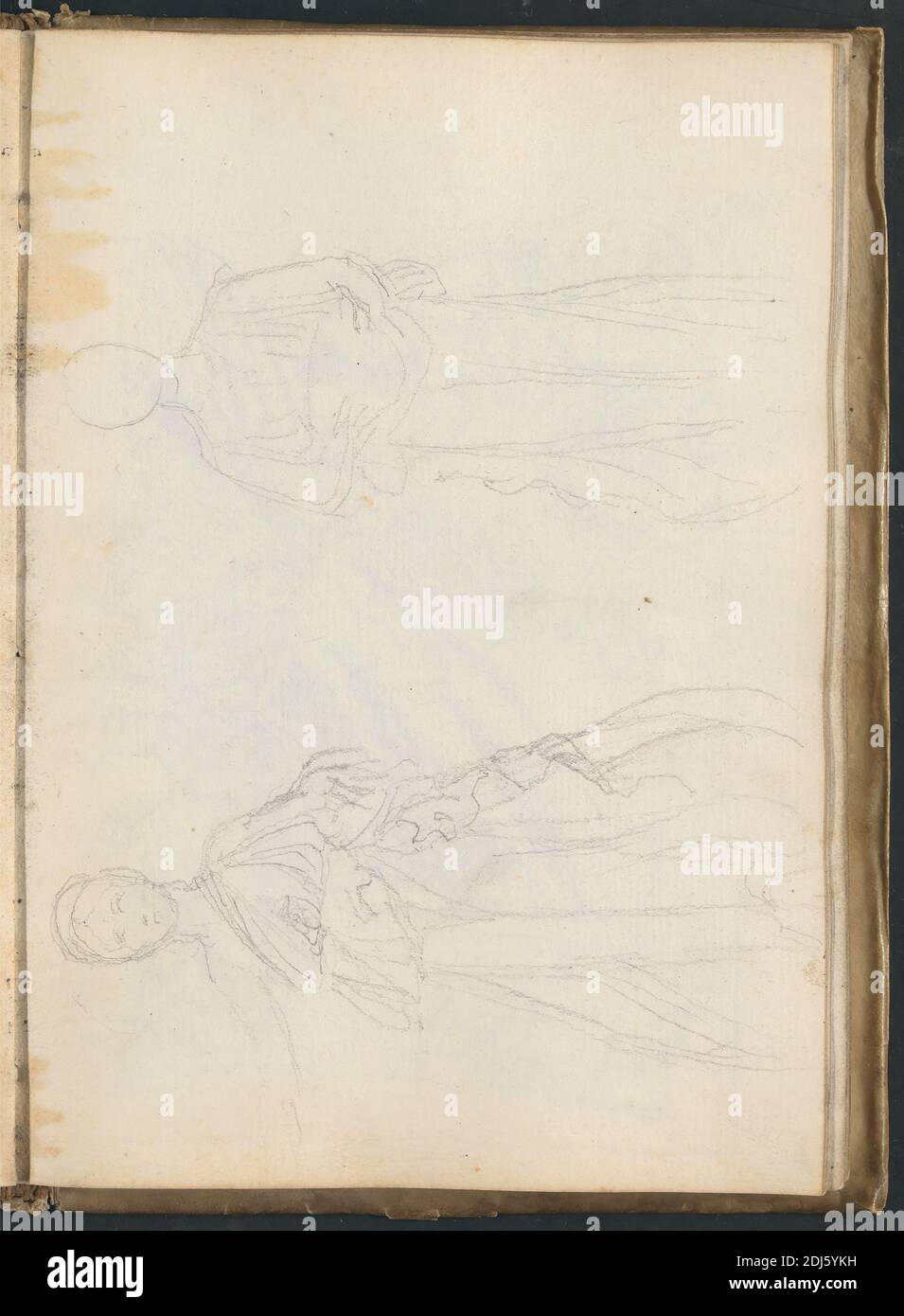 Due studi sulle figure femminili della vittoria dopo la scultura romana antica, John Flaxman, 1755–1826, inglese, 1787, grafite su media, leggermente testurizzata, carta defilata crema legata in vellum, foglio: 8 5/8 x 6 pollici (21.9 x 15.2 cm) e spina: 9 pollici (22.9 cm Foto Stock