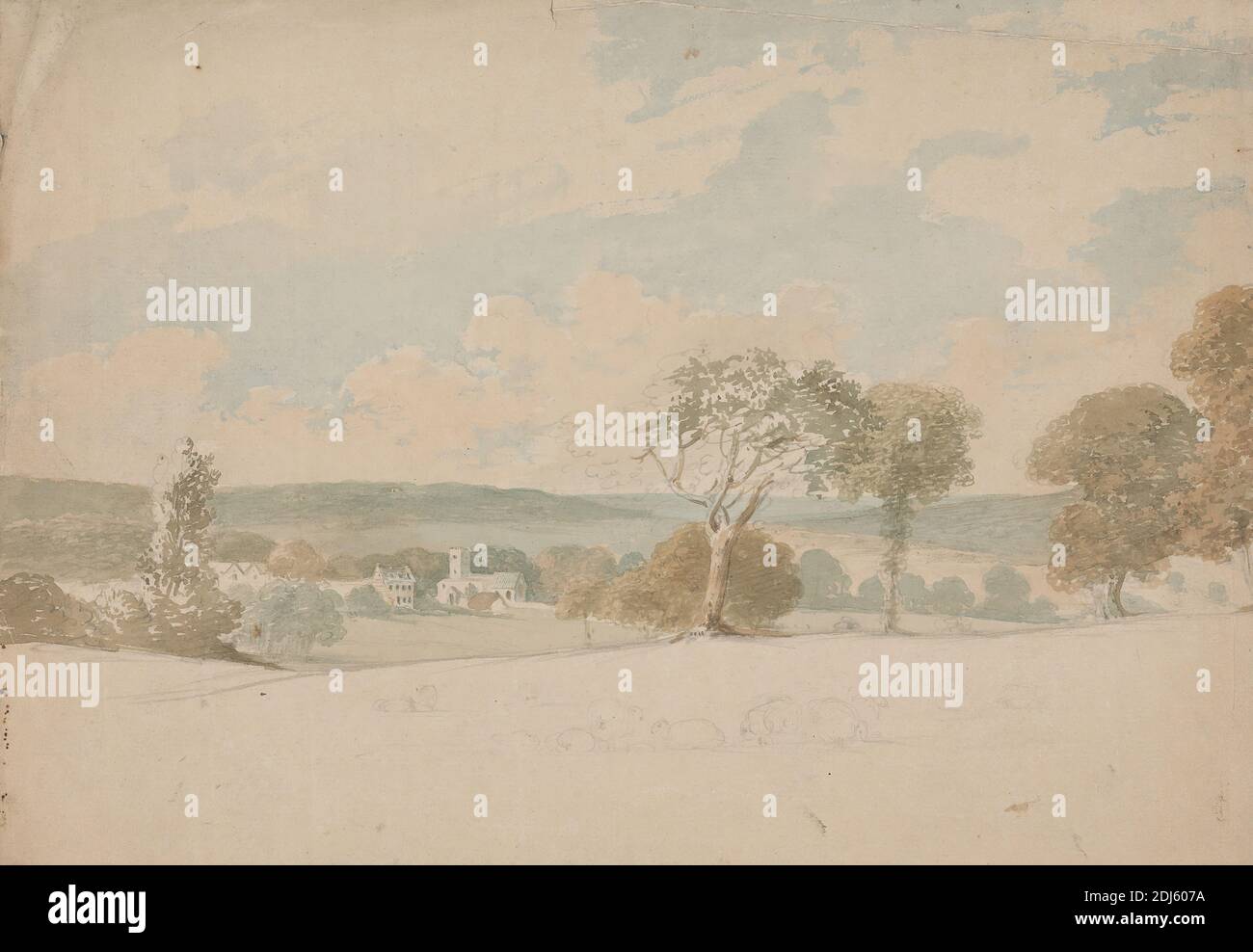 Pangbourne, Berkshire, Rev. William Warren Porter, 1776–1804, inglese, non satinato, acquerello e grafite su carta media, leggermente testurizzata, crema, foglio: 9 1/2 × 13 7/8 pollici (24.1 × 35.2 cm), edifici, chiesa, campo, paesaggio, città, Berkshire, Inghilterra, Europa, Pangbourne, Regno Unito Foto Stock