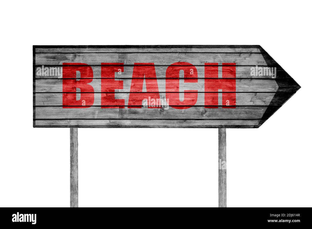 Cartello in legno Red Beach con sullo sfondo della spiaggia Foto Stock