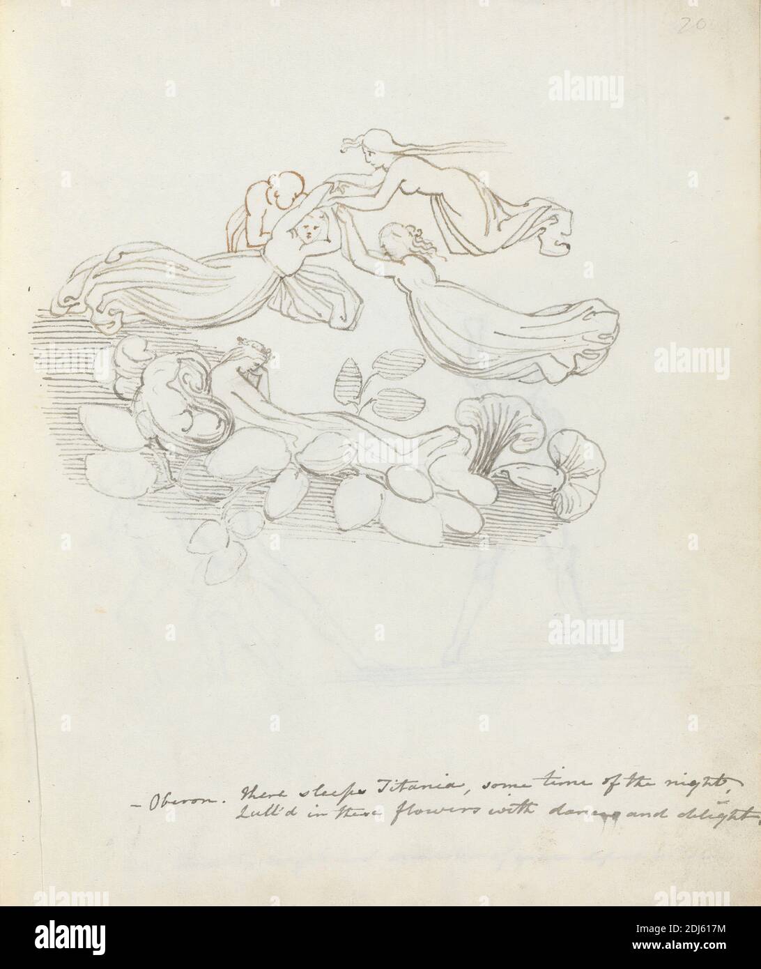 Oberon. Ci dorme Titania, un po 'di tempo della notte..., John Flaxman, 1755–1826, British, 1783, penna, inchiostro e lavaggio, foglio: 10 1/2 x 7 3/8in. (26.7 x 18,7 cm Foto Stock