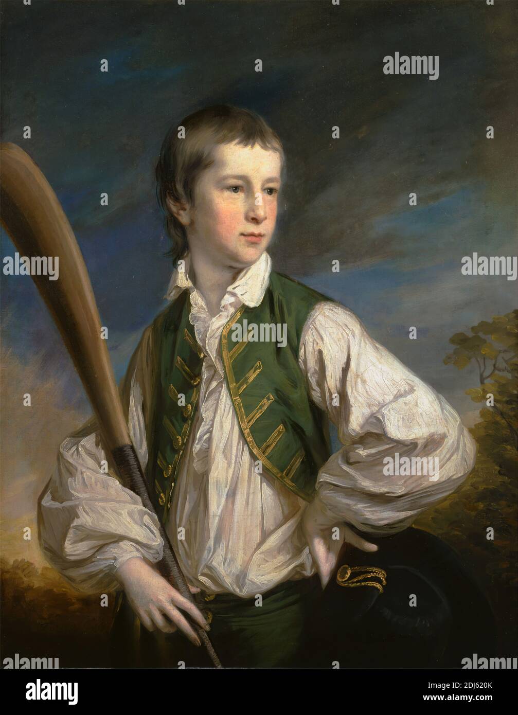 Charles Collyer come ragazzo, con un cricket Bat, Francis Cotes RA, 1726–1770, British, 1766, olio su tela, supporto (PTG): 35 3/4 x 27 3/4 pollici (90.8 x 70.5 cm), pipistrello, nero, ragazzo, bambino, cricket, verde (colore), cappello, tempo libero, ritratto, sport, giubbotto Foto Stock