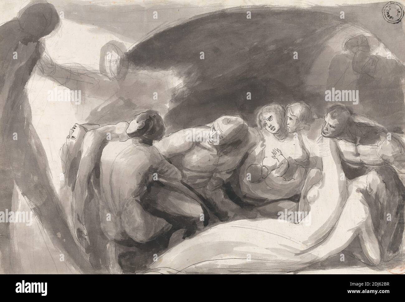 Howard Visiting a Prison, George Romney, 1734–1802, British, tra il 1749 e il 1802, inchiostro nero con acquerello su grafite su carta bianca a trama moderata di spessore moderato, foglio: 14 1/4 x 21 pollici (36.2 x 53.3 cm), bambino, corpo, bambini, istituzione correttzionale, soggetto storico, prigione, infermieristica, prigione, sublime, torturato Foto Stock