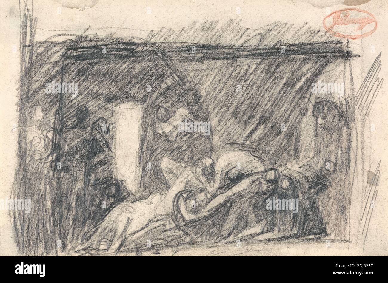 Prison Scene, George Romney, 1734–1802, inglese, non satinato, grafite su medio, leggermente testurizzato, carta in vacchetta crema, foglio: 5 1/8 x 7 1/2 pollici (13 x 19.1 cm), istituzione correttistica, buio, soggetto di genere, prigione, ombra Foto Stock