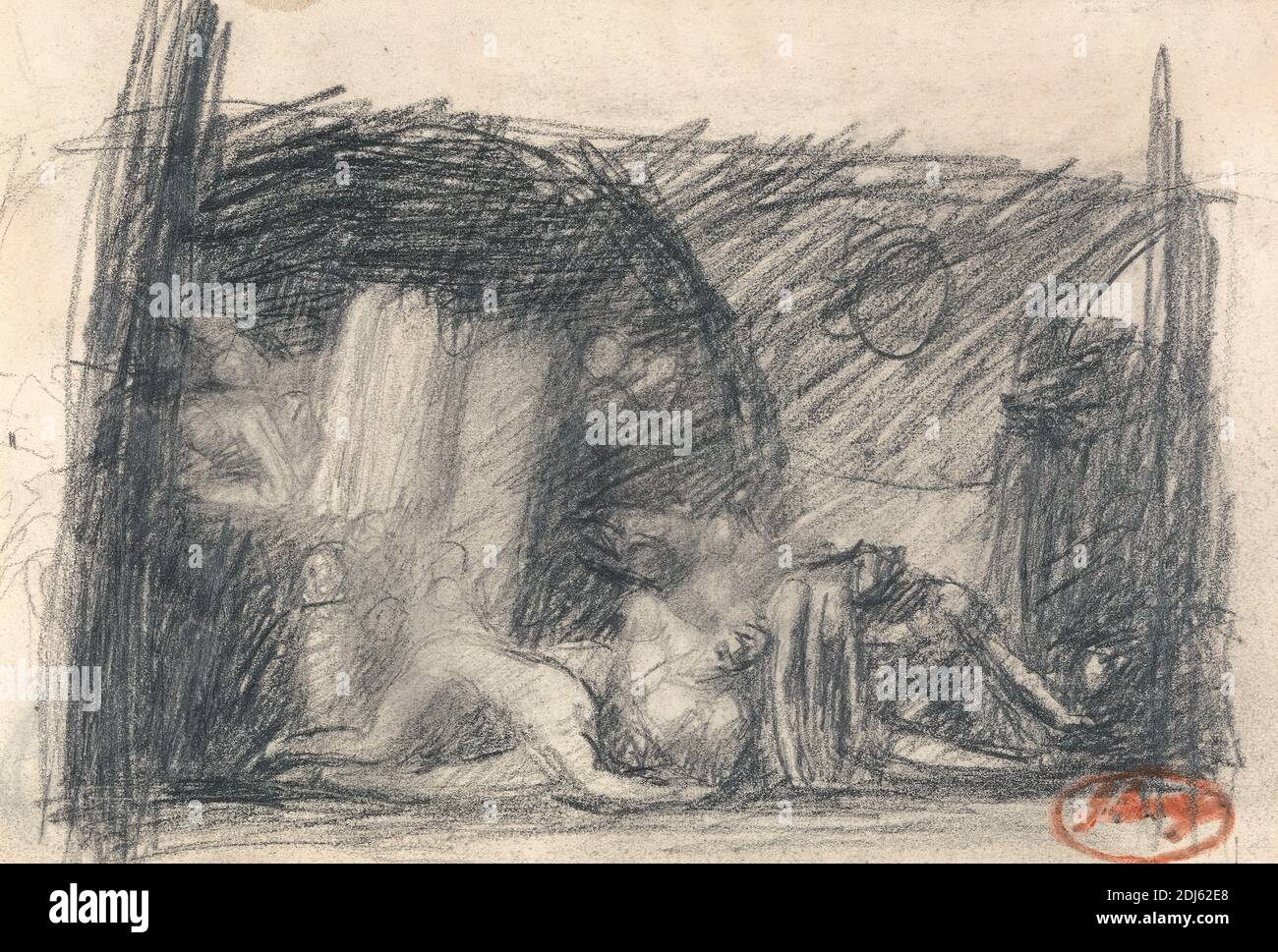 Prison Scene, George Romney, 1734–1802, inglese, non satinato, grafite su media, leggermente testurizzata, carta in wove color crema, foglio: 1/8 x 18.7 cm (5 3/8 x 7 13 pollici), istituzione correttistica, buio, soggetto genitazionale, prigione Foto Stock